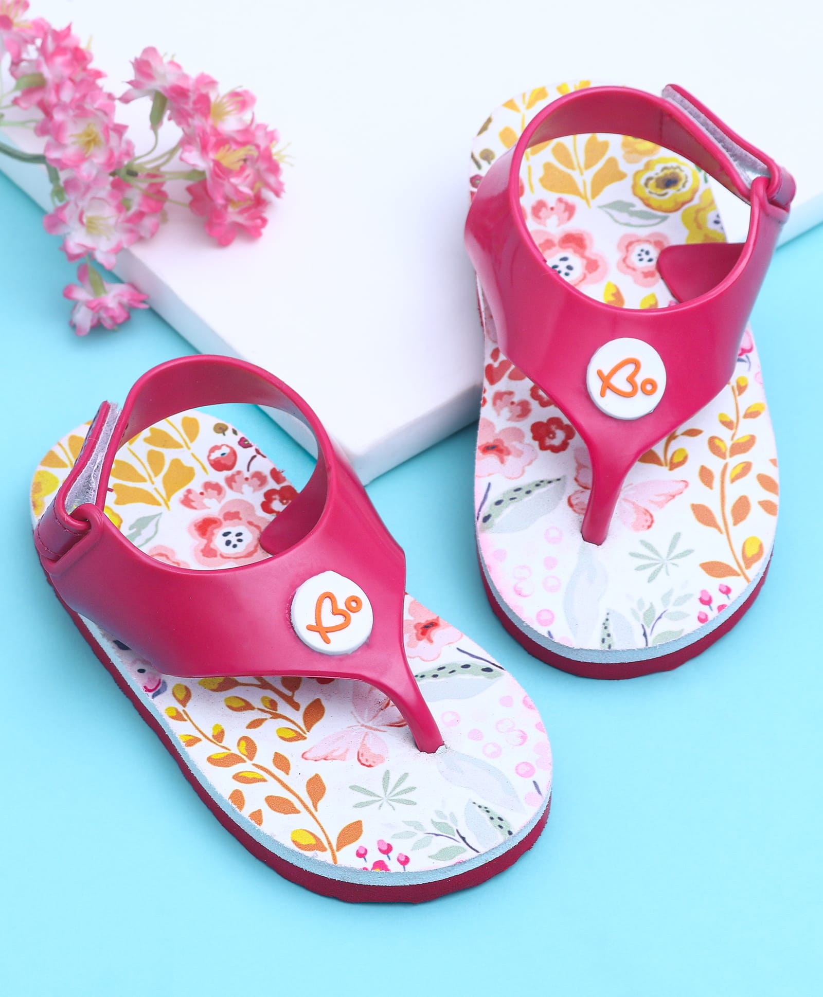 Babyoye Velcro Closure Flip Flops with Floral Print - Dark Pink-picture-15