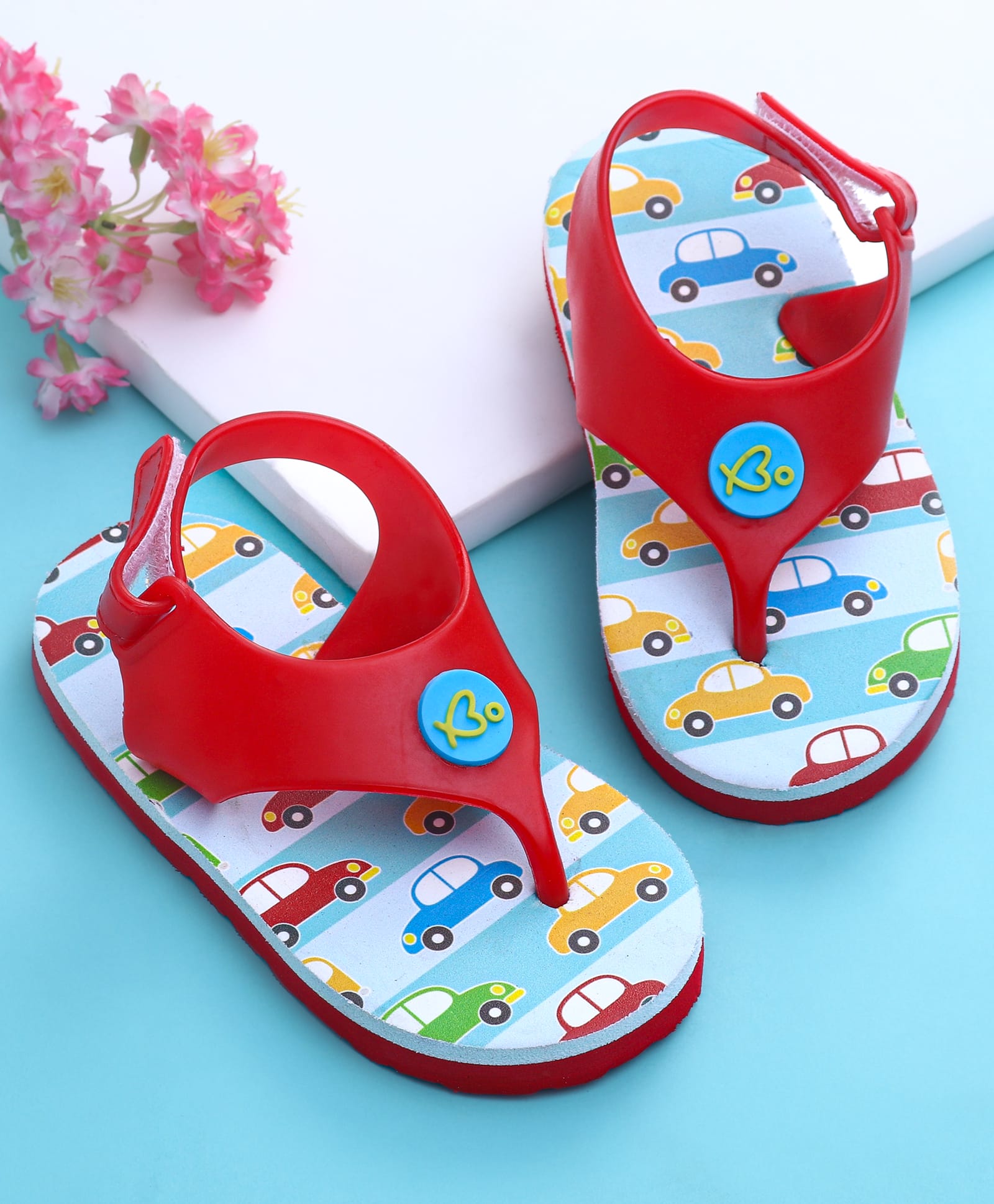 Babyoye Velcro Closure Flip Flops with Cars Print - Red
