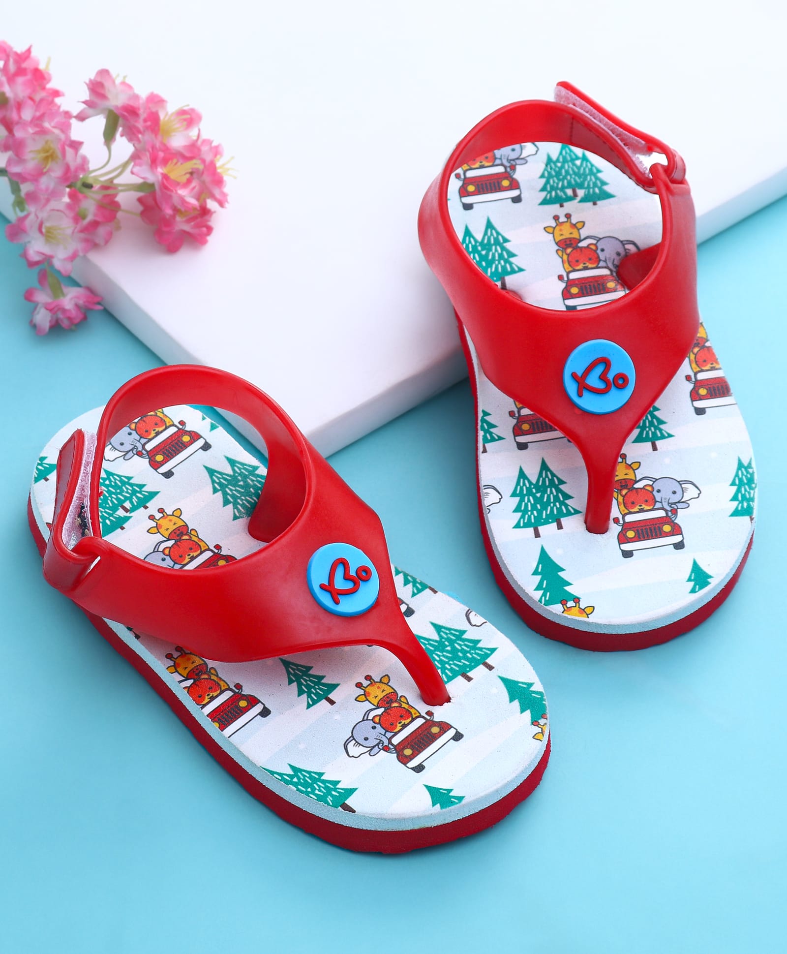 Babyoye Velcro Closure Flip Flops with Animals Print - Red-picture-28