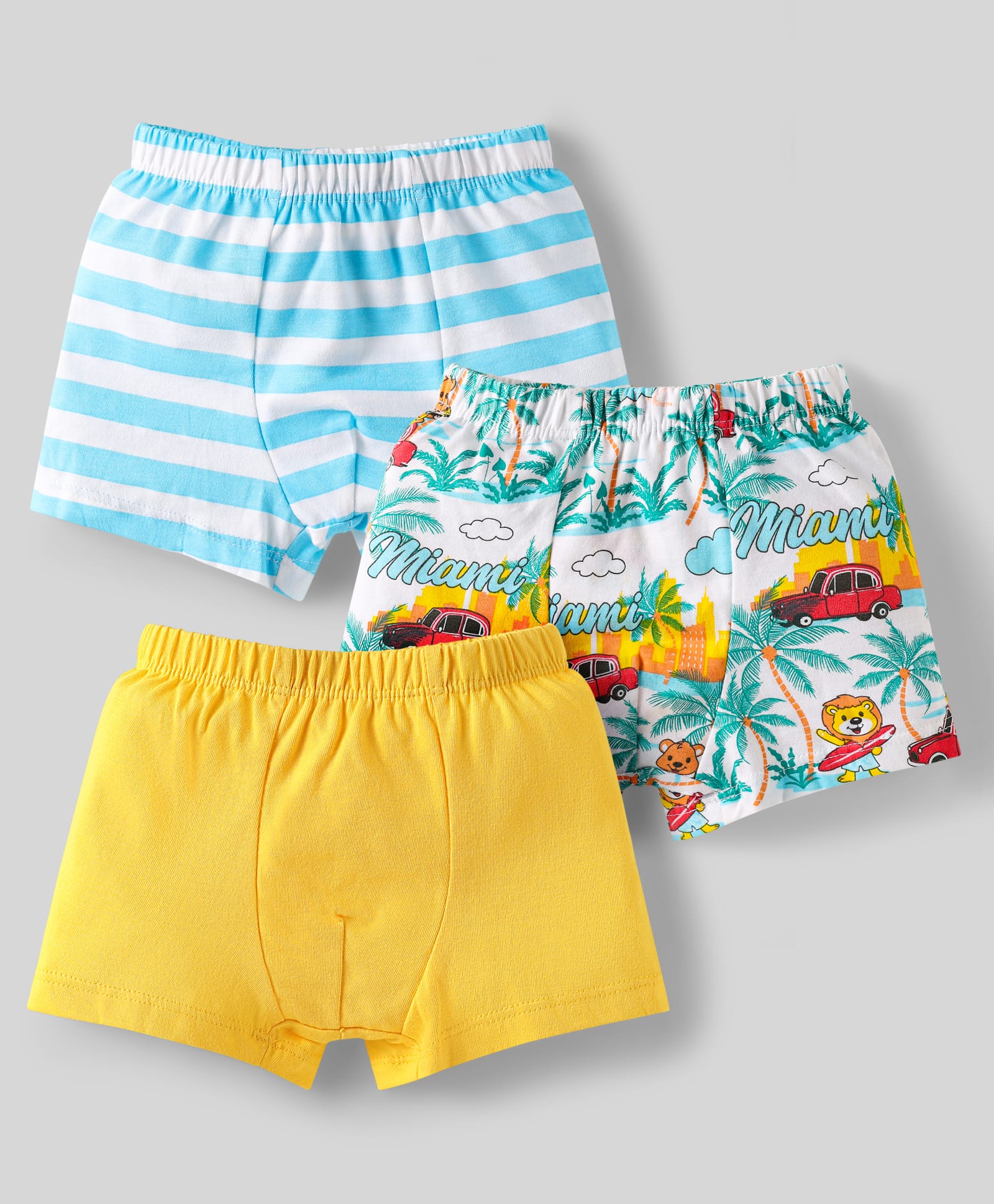 Babyhug 100% Cotton Single Jersey Knit Trunks With Stripes & Tropical Theme Print Pack Of 3 - Yellow White & Sky Blue-image-46