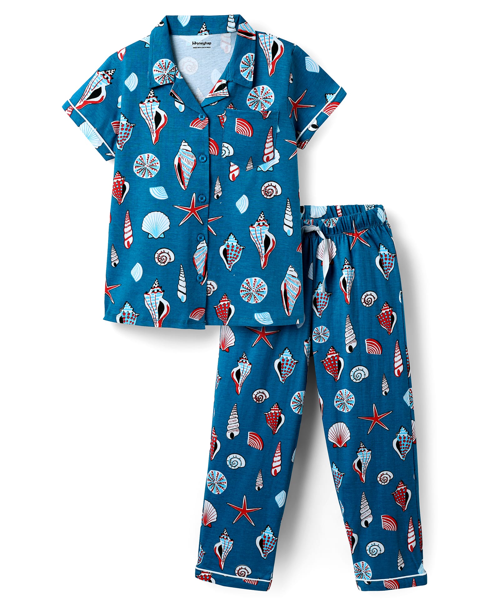Honeyhap Premium 100% Cotton Knit Half Sleeves Night Suit with Leaves Print Bio Finish - Navy Peony-picture-4