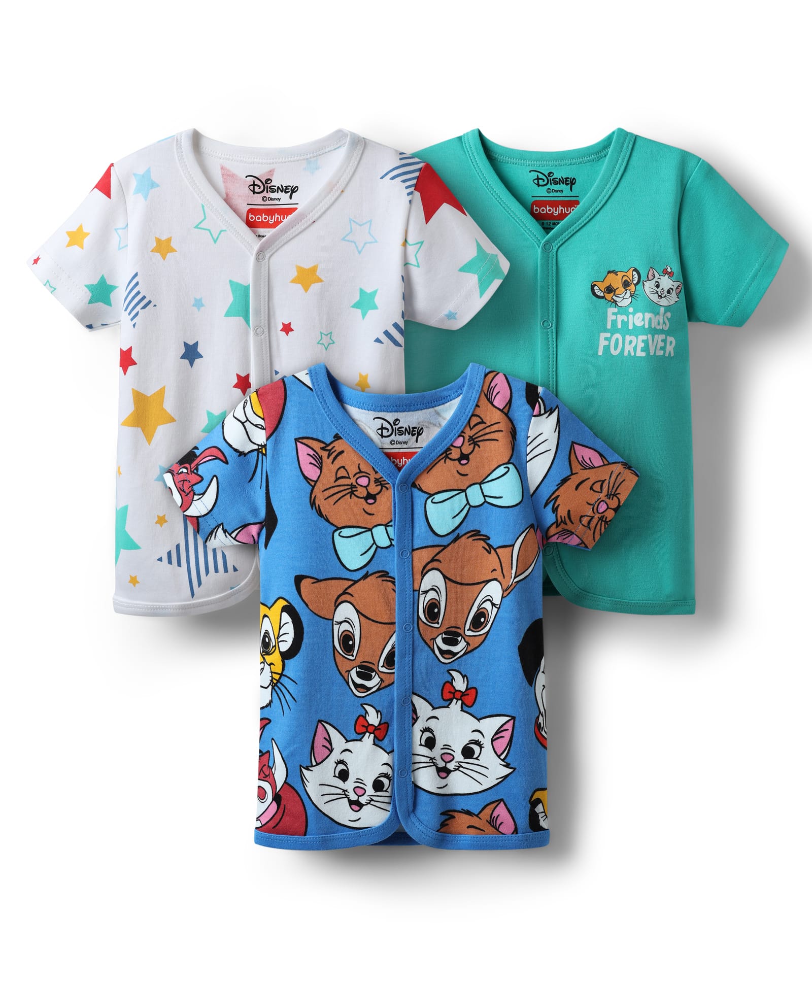 Babyhug Disney Interlock Knit Half Sleeves Front Open Jhablas with Disney Character Graphics Pack of 3 - White Mint & Blue-image-22