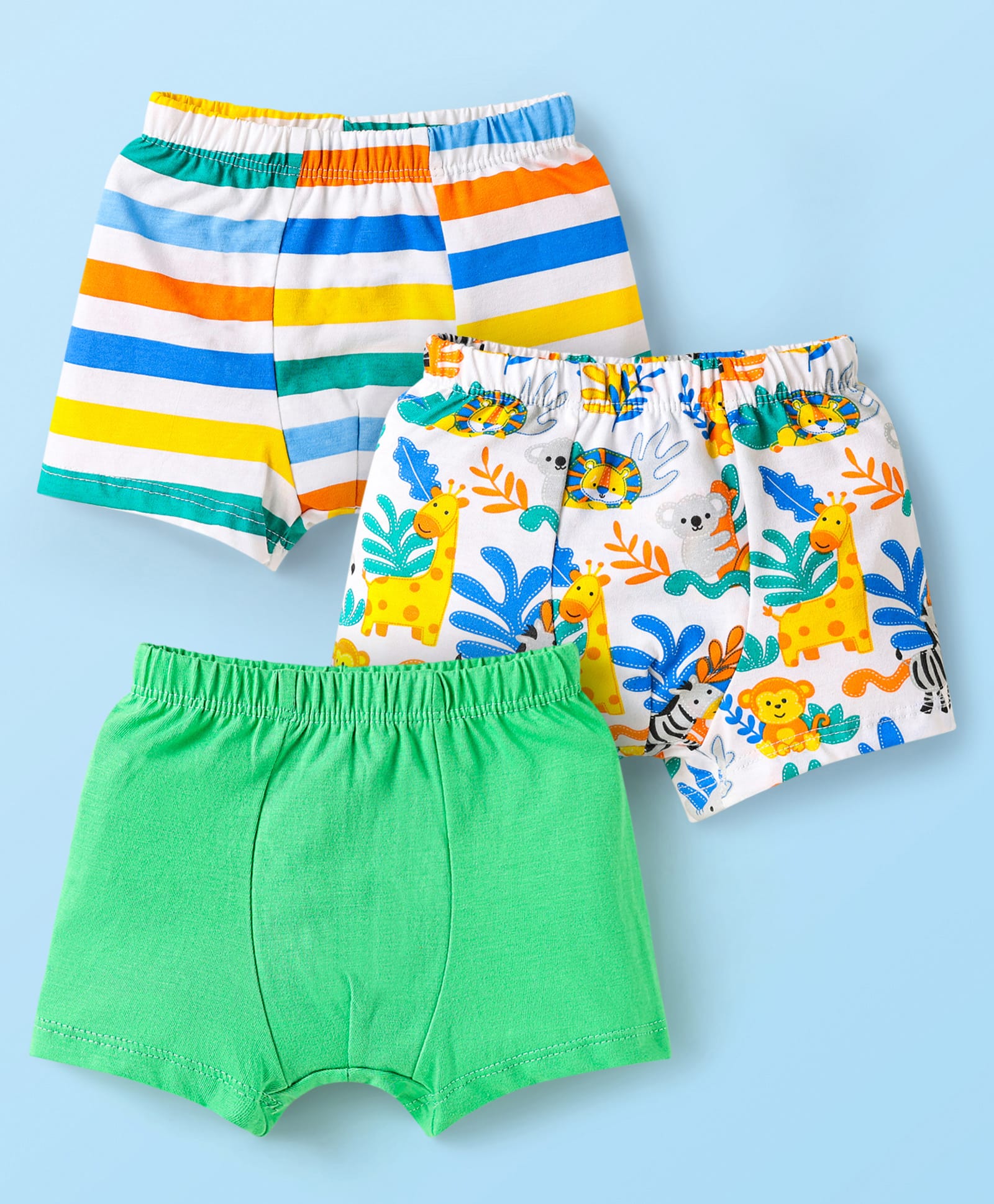 Babyhug 100% Cotton Single Jersey Knit Trunks With Striped & BearPrint Pack Of 3 - Green Yellow & White-image-21