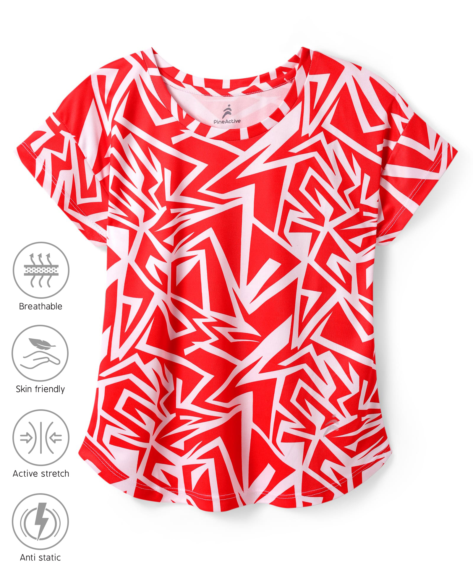Pine Active Knit Half Sleeves T-Shirt With Abstract Print - Red & White-picture-13