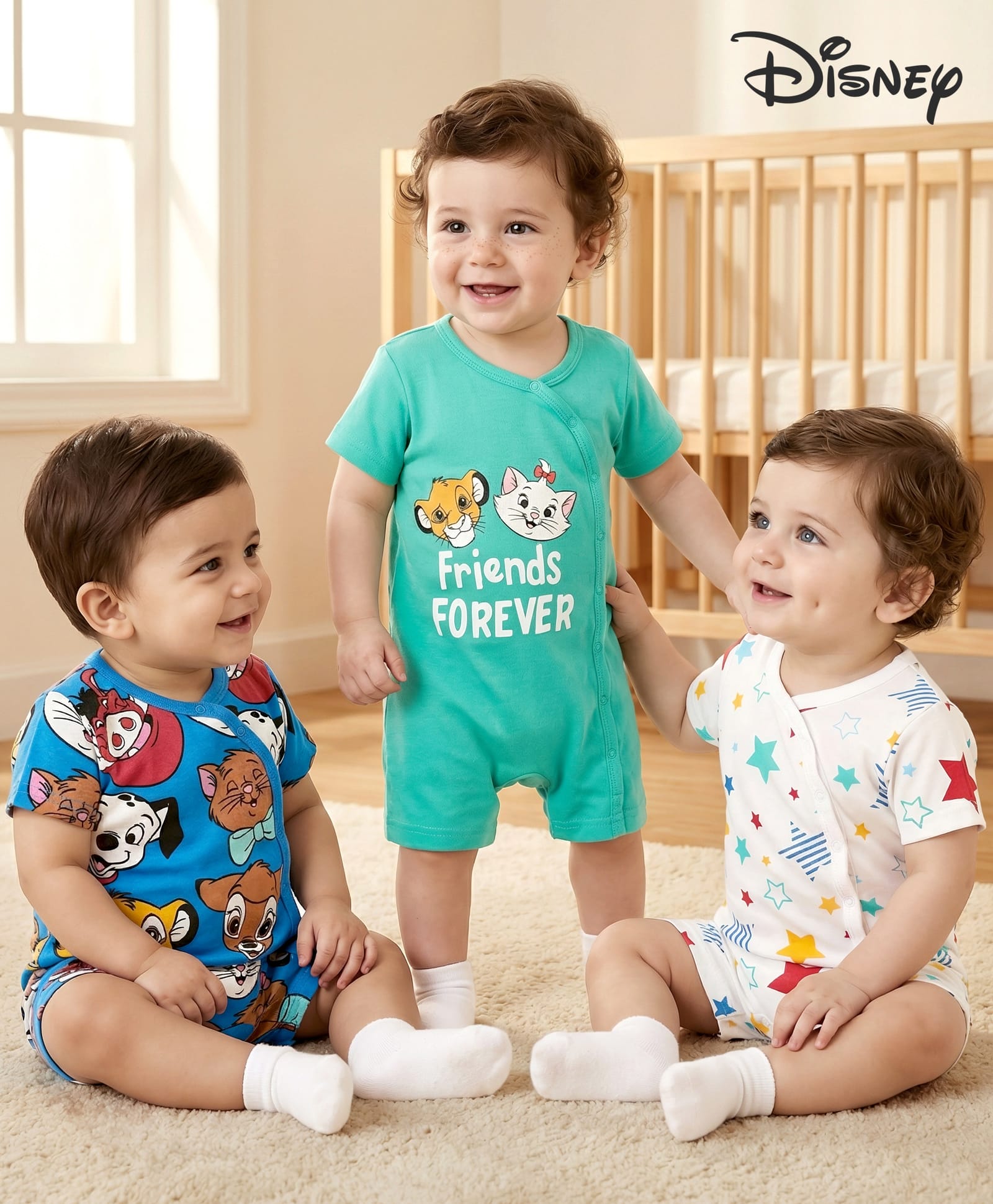 Babyhug Disney Interlock Knit Half Sleeves Rompers With Disney Character Graphics Pack of 3 - Sea Green Blue & White-image-31
