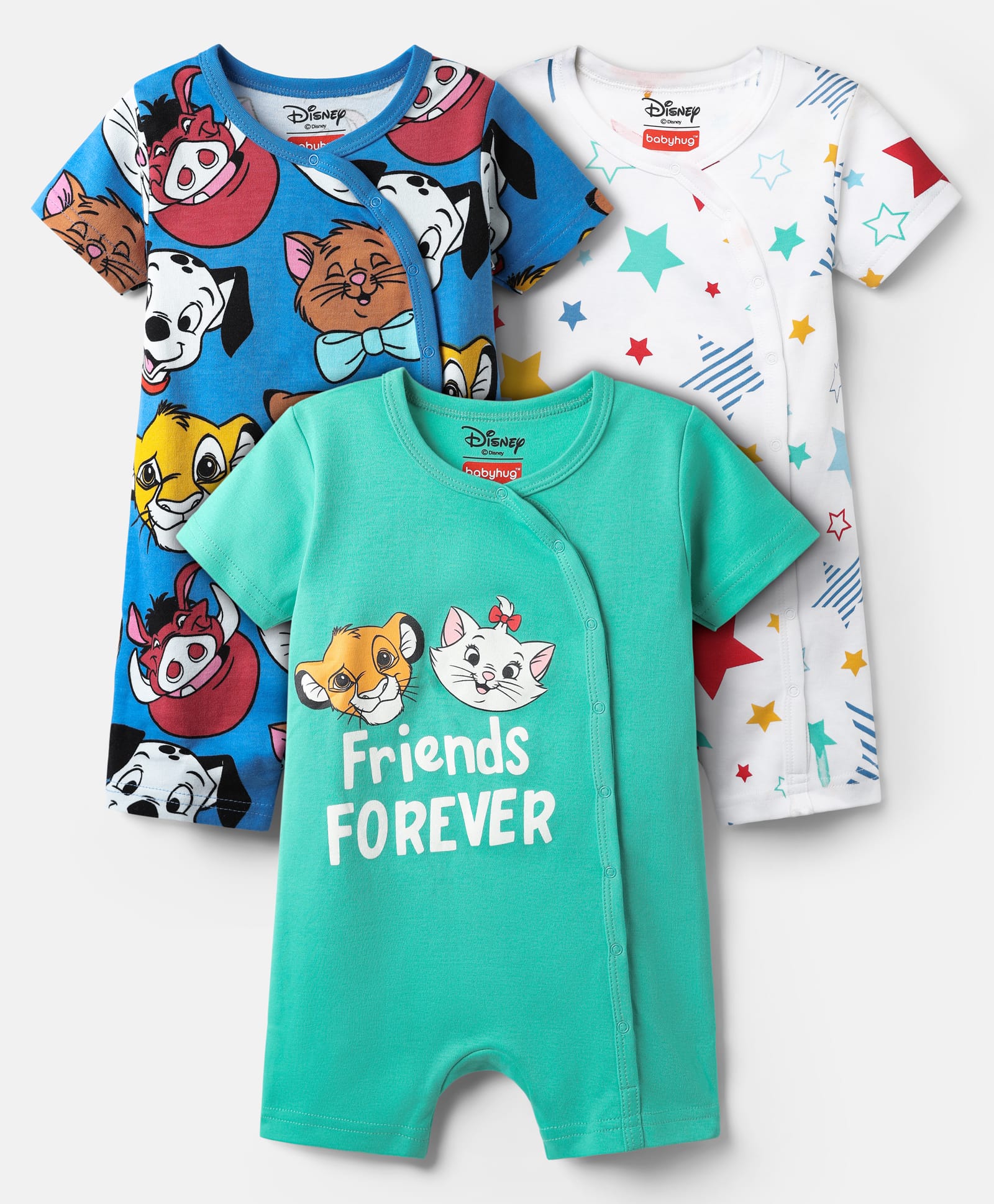 Babyhug Disney Interlock Knit Half Sleeves Rompers With Disney Character Graphics Pack of 3 - Sea Green Blue & White-picture-37