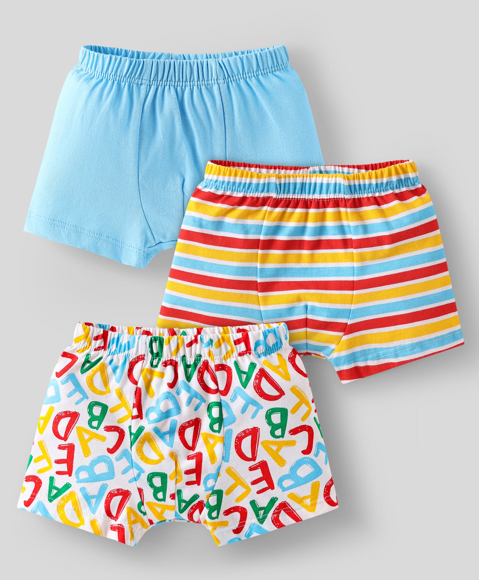 Babyhug 100% Cotton Single Jersey Knit Trunks With Stripes & Alphabet Print Pack Of 3 - Yellow & Light Blue-picture-26
