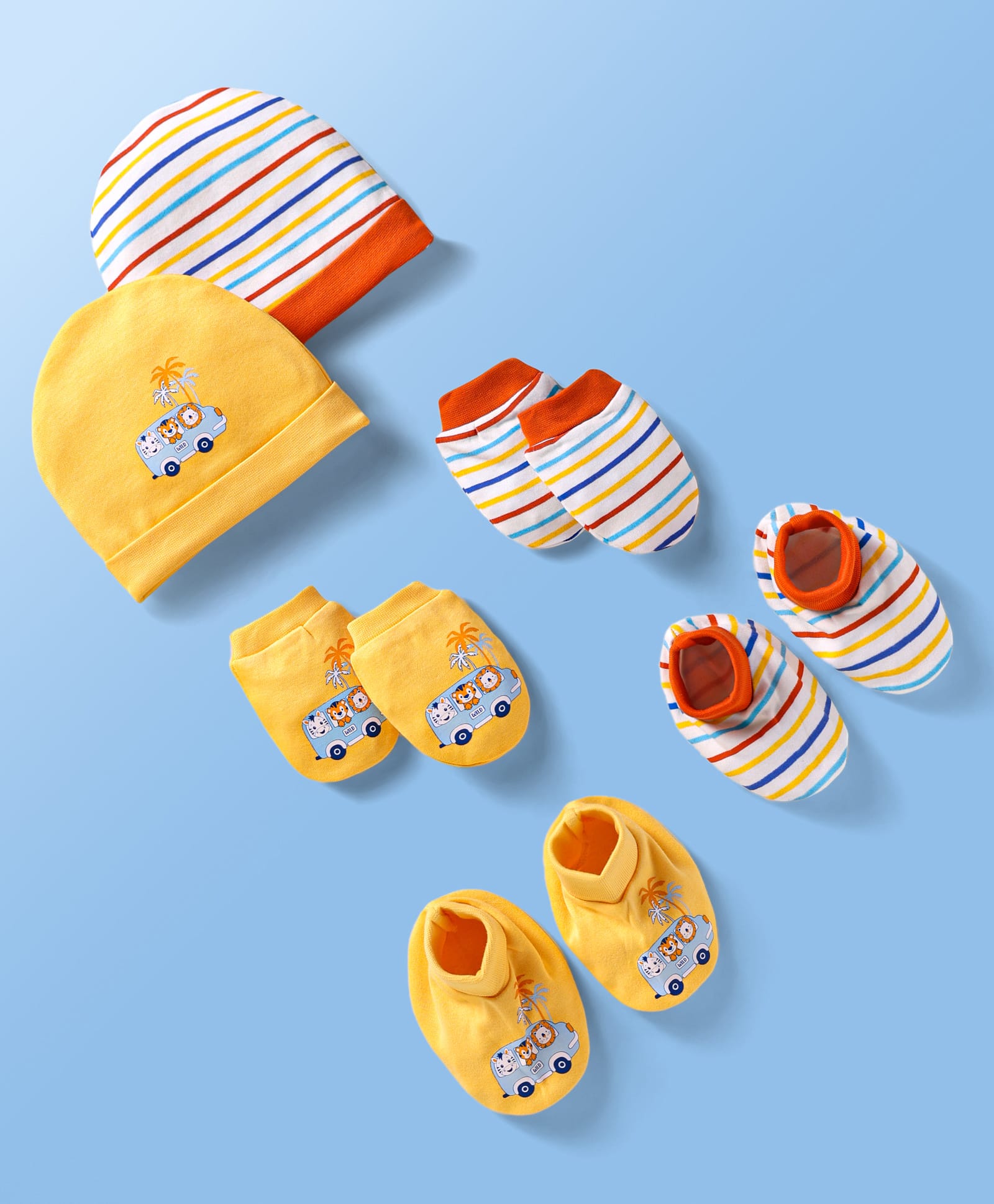 Doodle Poodle Interlock Knit CapsMittens & Booties with Strips Animal & Vehicle Print Pack of 2 Yellow & Red - Diameter 15 cm-picture-18