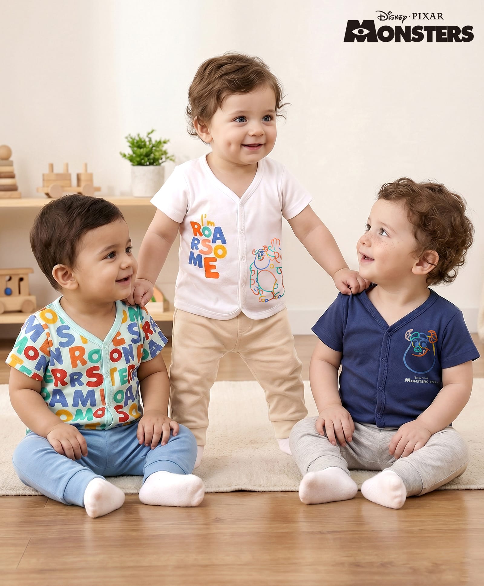 Babyhug Disney Interlock Knit Half Sleeves Front Open Jhablas with Monster INC Graphics Pack of 3 - White Mint & Navy Blue-image-42
