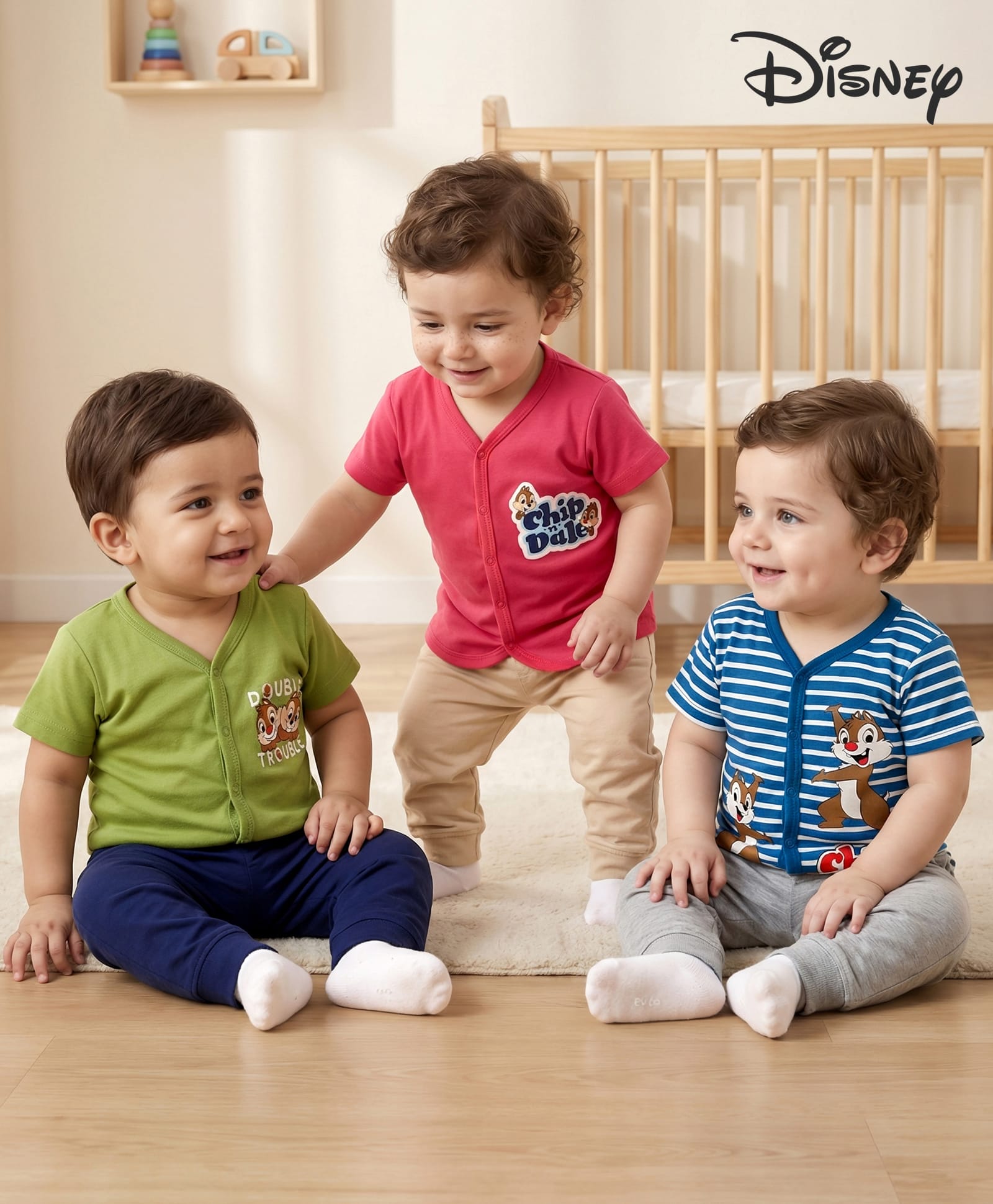 Babyhug Disney Interlock Knit Half Sleeves Front Open Jhablas With Chip & Dale Graphics Pack Of 3 - Green Navy Blue & Pink-image-6