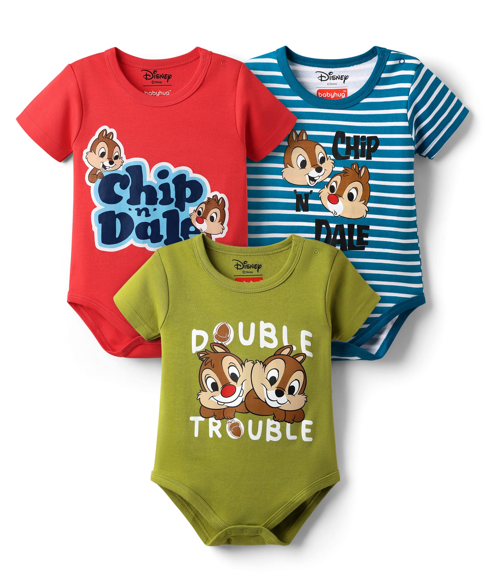 Babyhug Disney Interlock Knit Half Sleeves Striped Onesies with Chip n Dale Graphics Pack of 3 - Red Olive Green & Blue-picture-18