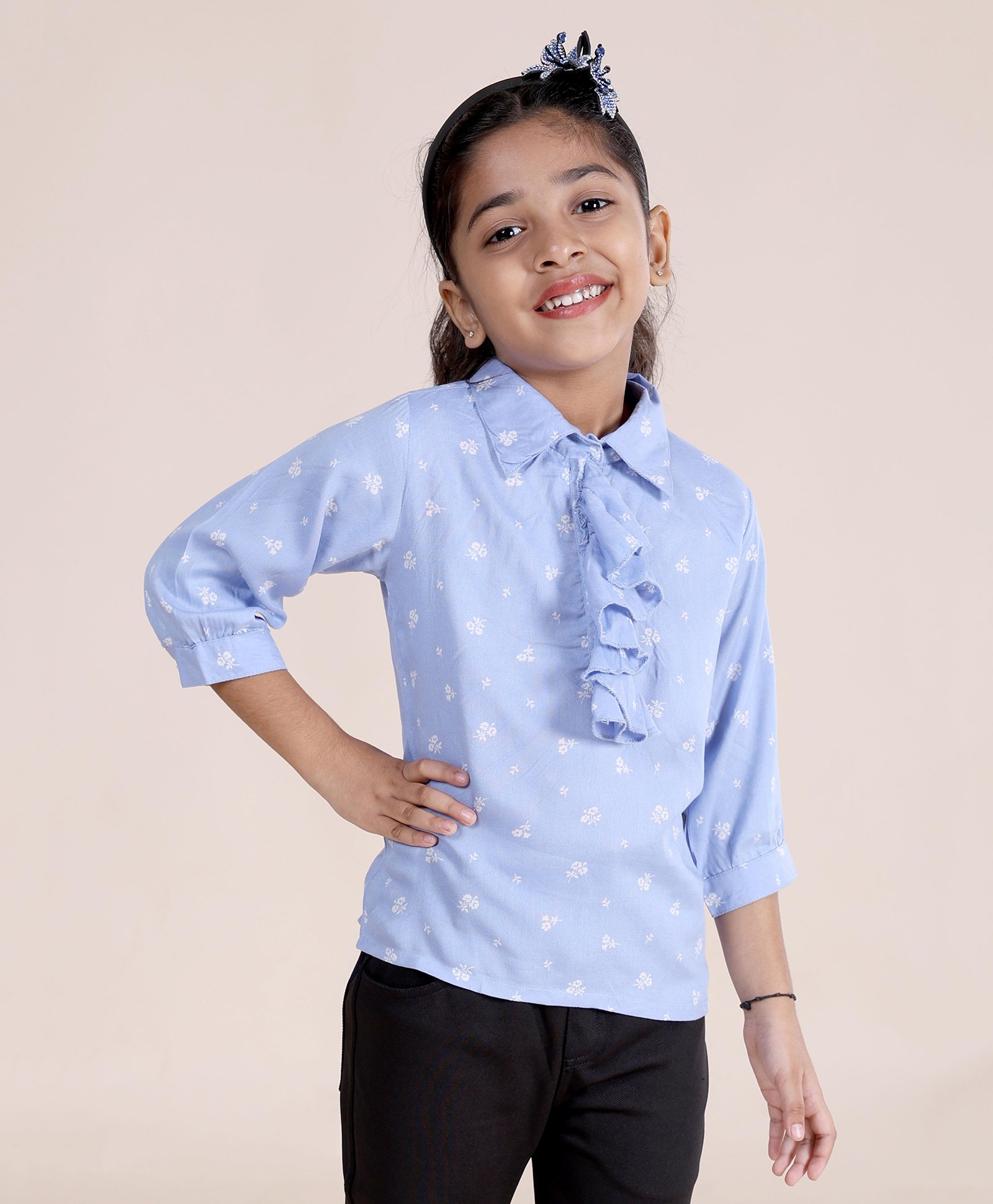 Kiddopanti Three Fourth Sleeves Floral Motifs Printed Top - Light Blue-picture-23