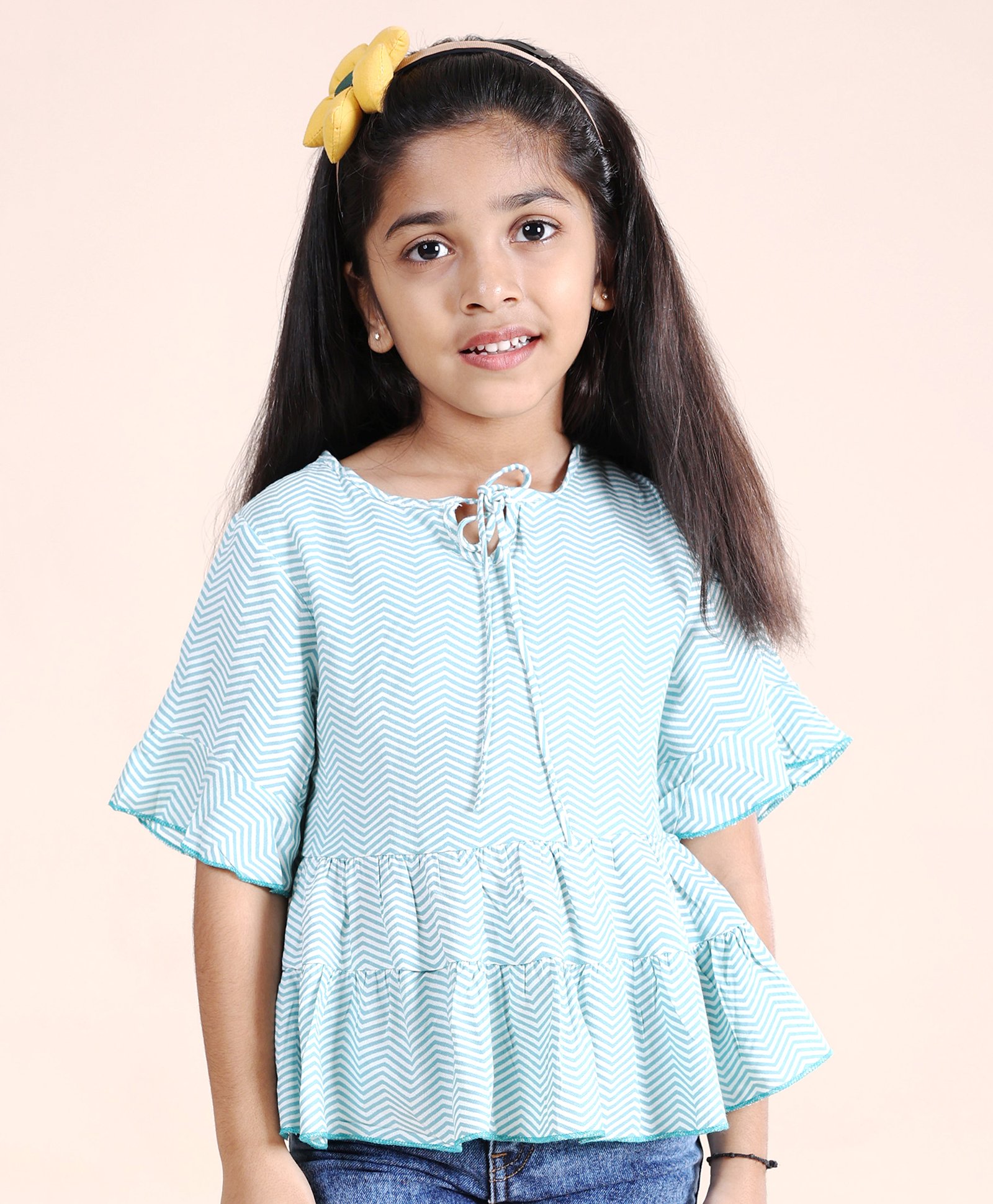 Kiddopanti Half Sleeves Chevron Printed Top - White & Green-picture-13