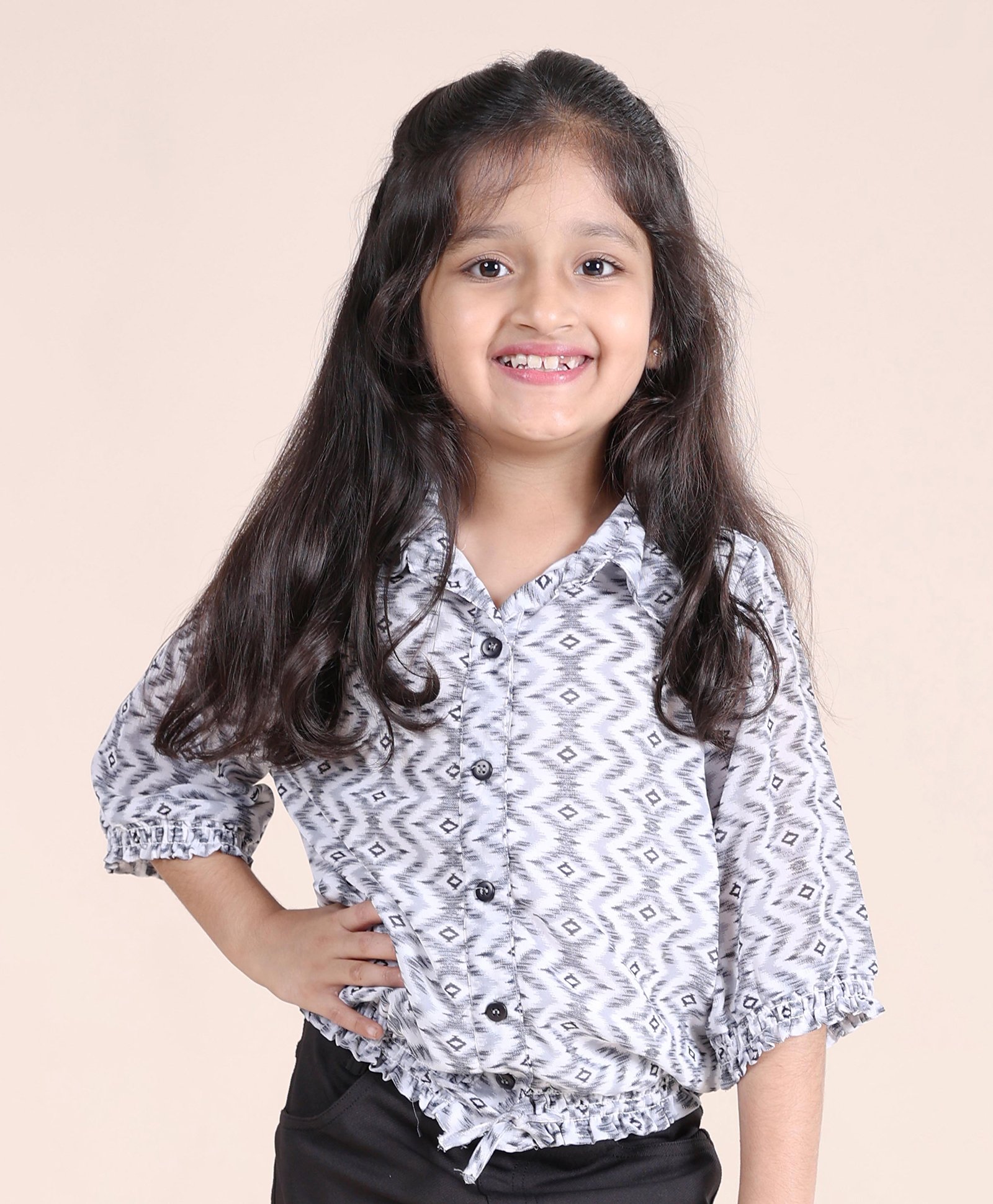 Kiddopanti Three Fourth Sleeves Abstract Printed Shirt Style Top - White & Grey-picture-18