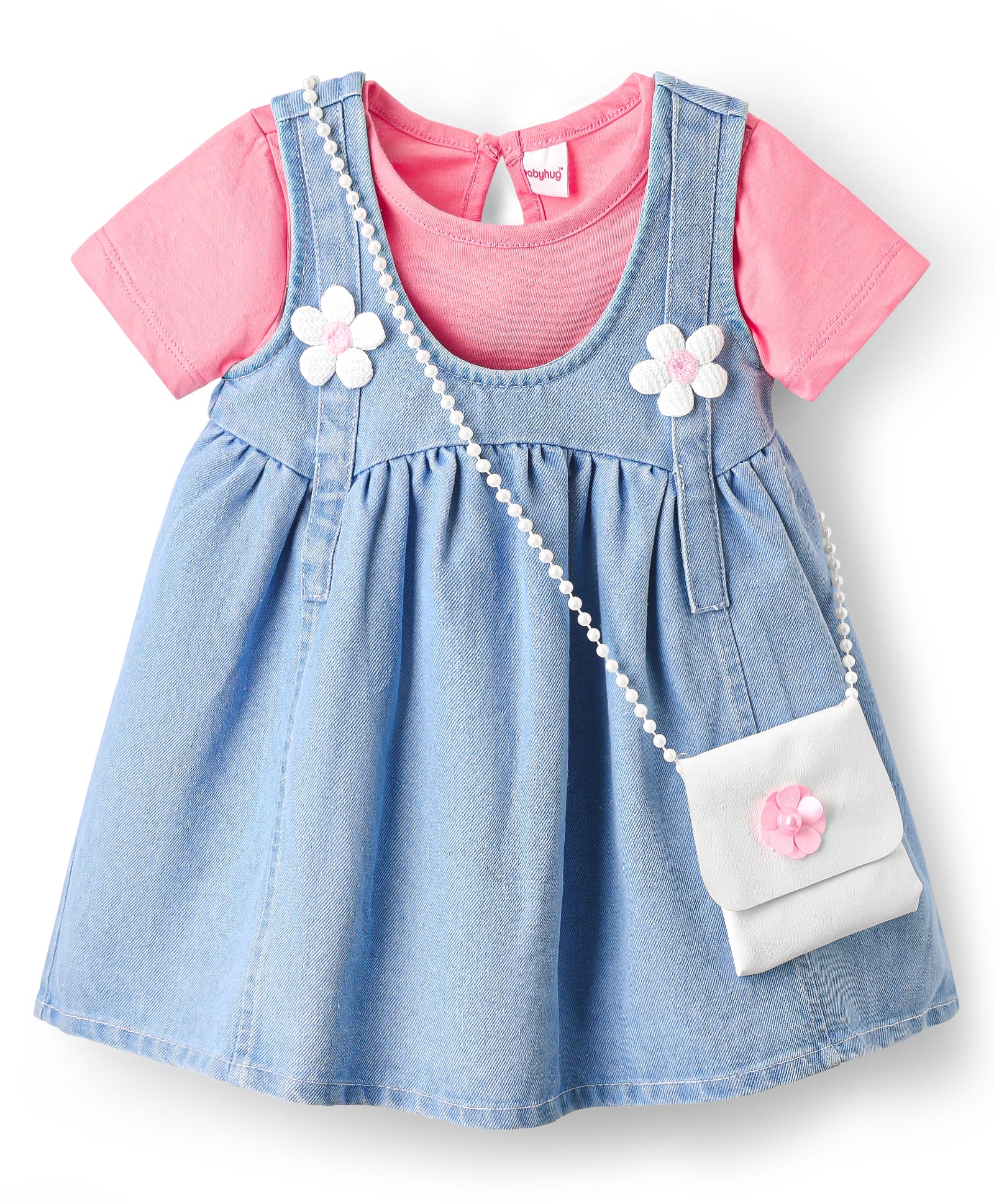 Babyhug Cotton KnitHalf Sleeves Frock & Inner T-Shirt With Floral Applique - Pink & Blue