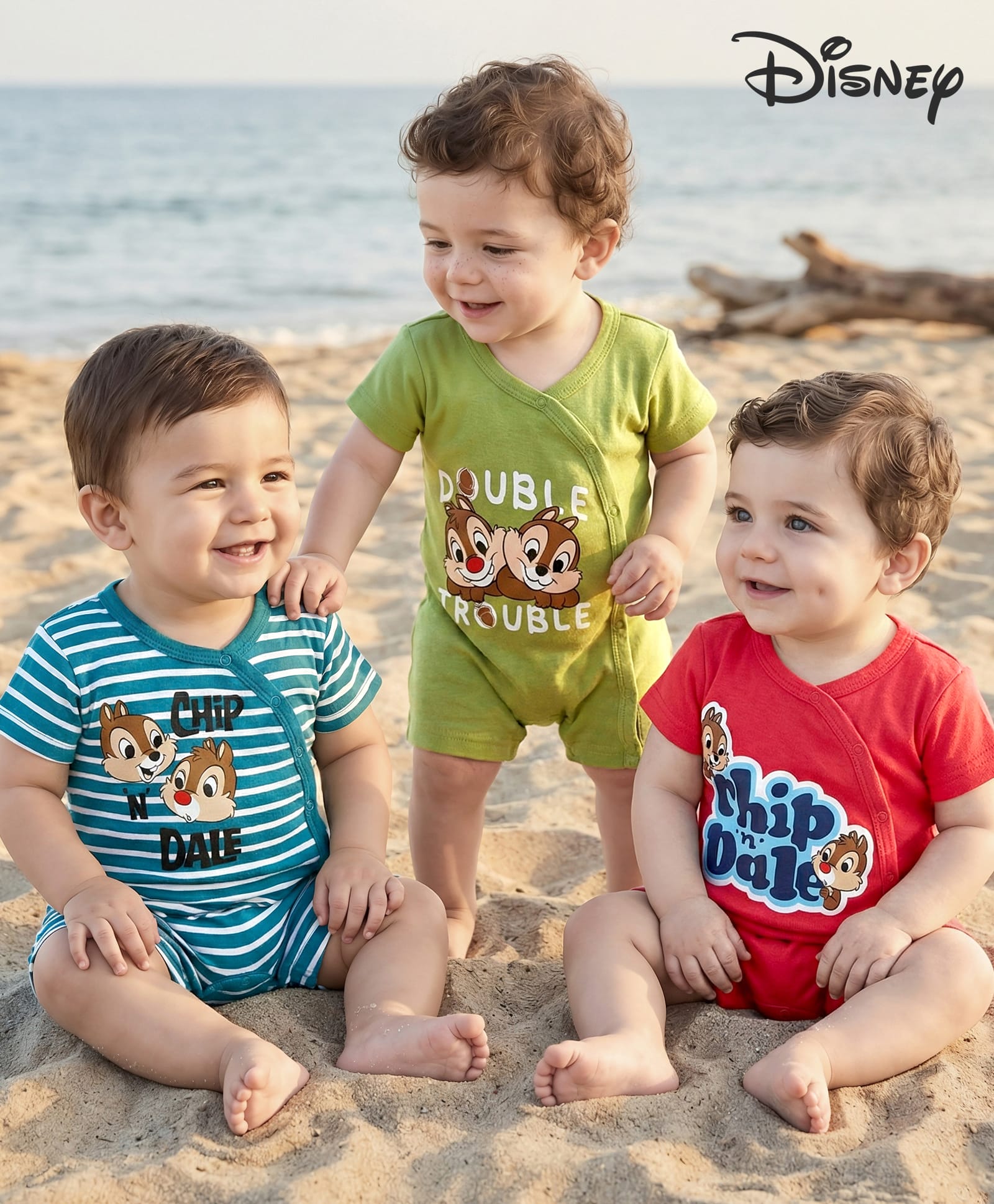 Babyhug Disney Interlock Knit Half Sleeves Front Open Rompers With Chip N Dale Graphics Pack of 3 - Green Blue & Red