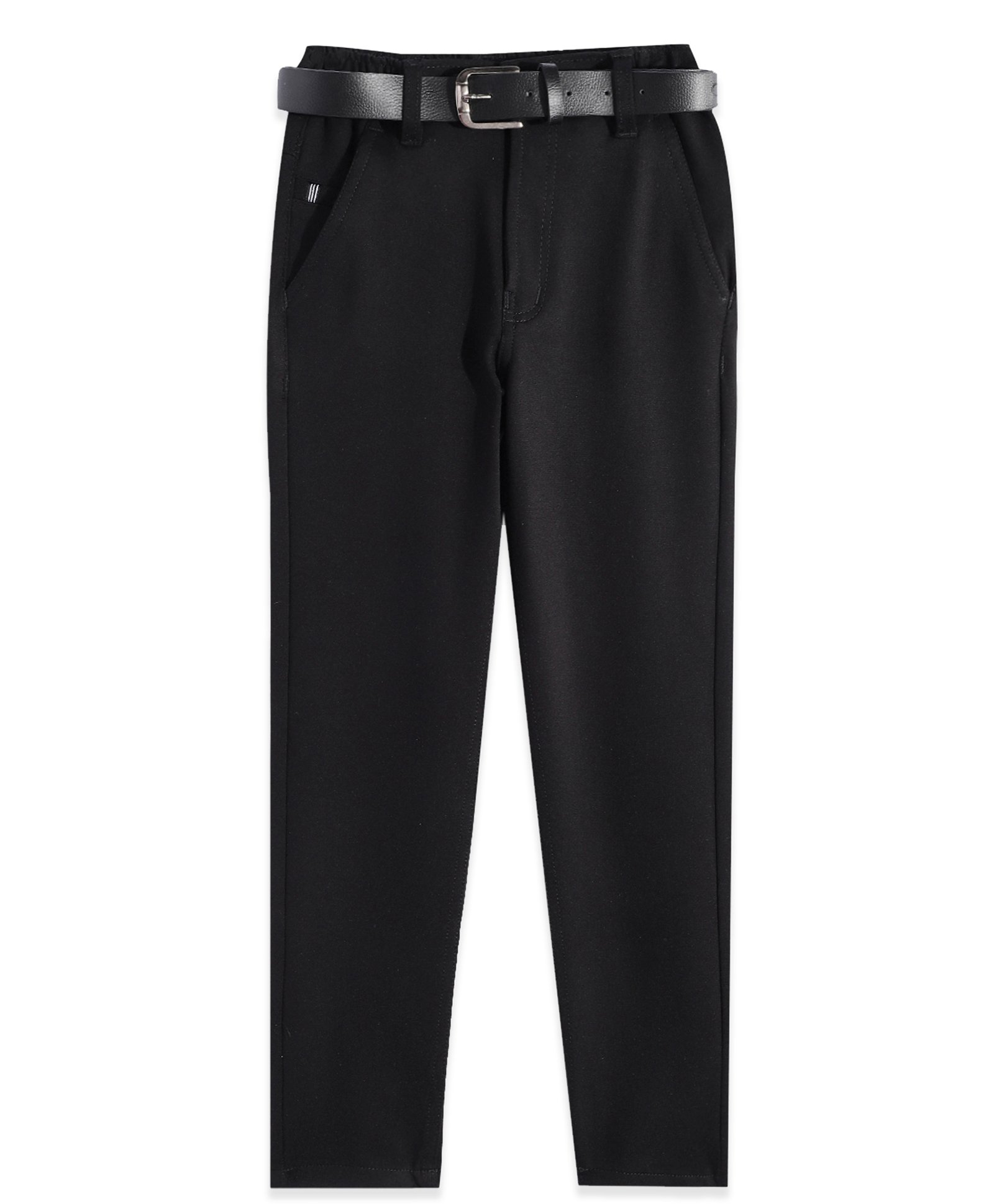 CAVIO Lycra Blend Solid Trousers With Belt Set - Black-image-2