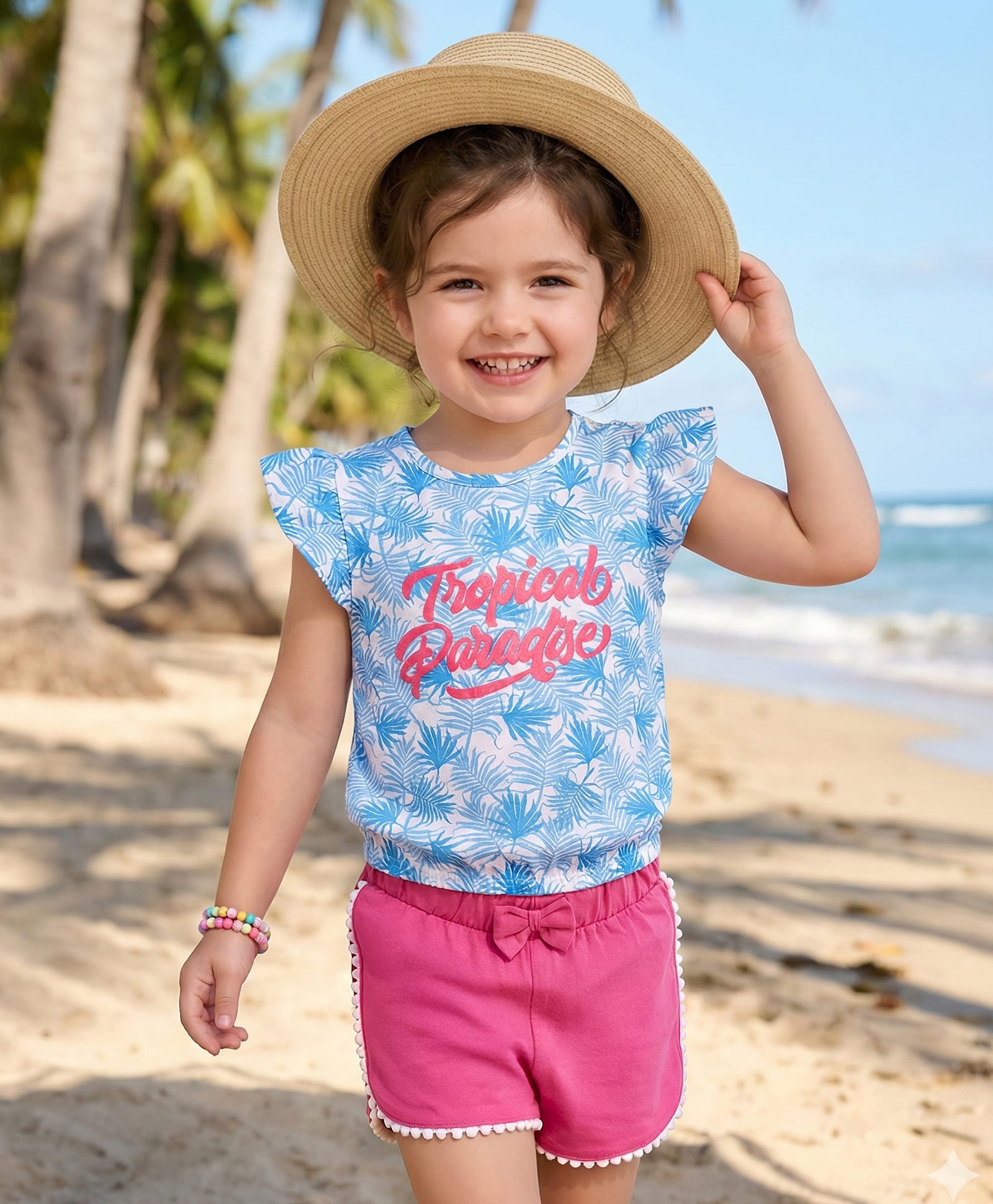 Babyhug Single Jersey Knit Frill Sleeves Top & Shorts Set with Tropical Theme Puff Print & Bow Applique - Light Blue & Pink-image-31