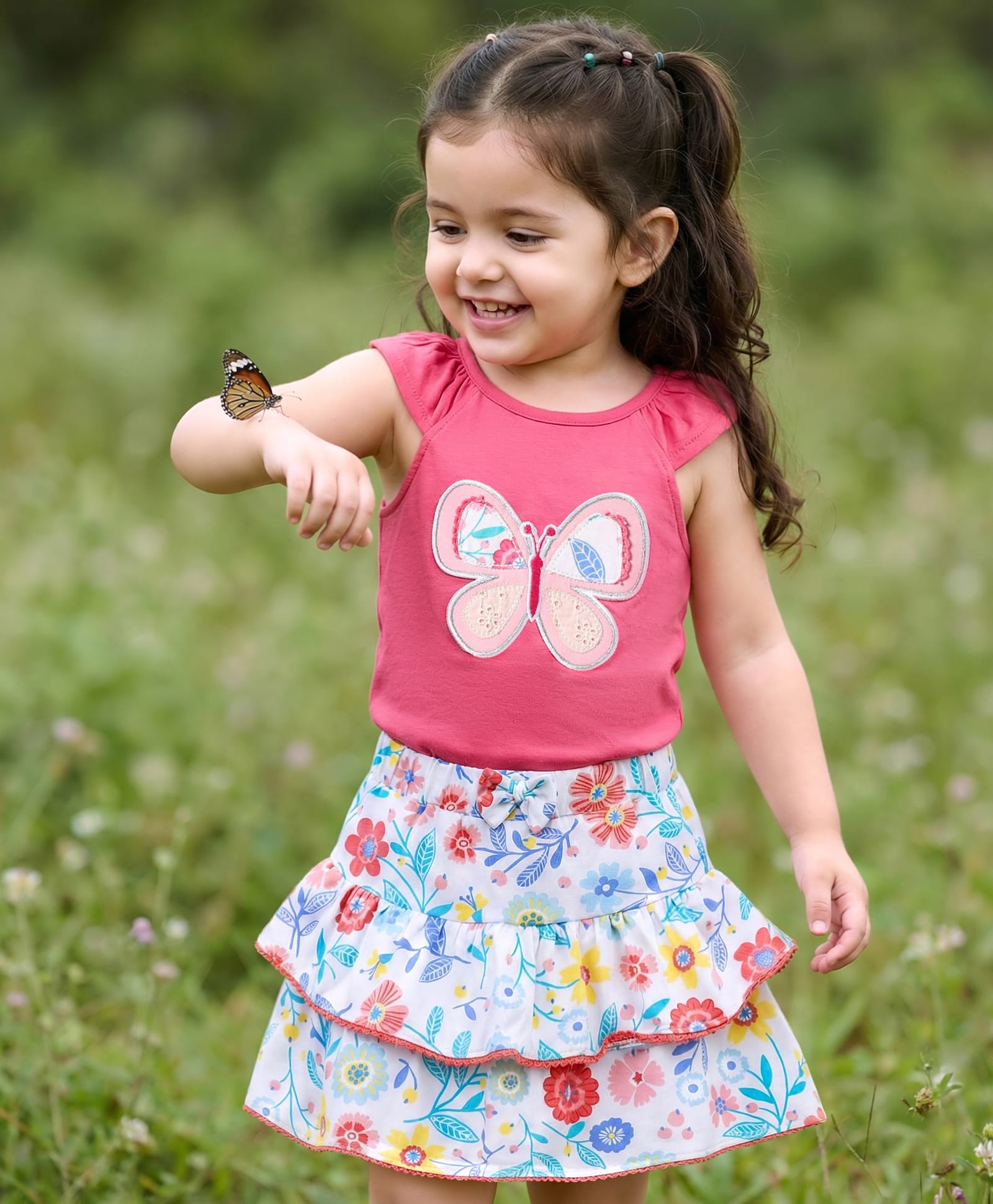 Babyhug Single Jersey Knit Sleeveless Top & Skirt Set With Floral Print & Butterfly Embroidery - Dark Pink & White-image-22
