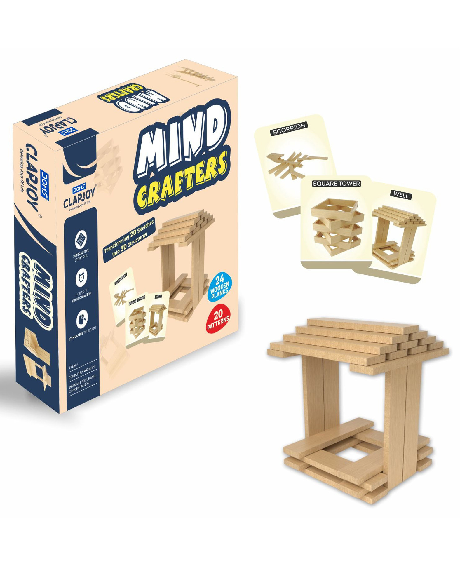 Clapjoy Mind Crafters - Wooden Block Construction Puzzle Game | STEM Learning Toy with 24 Wooden Planks and 20 Design Challenges-image-6
