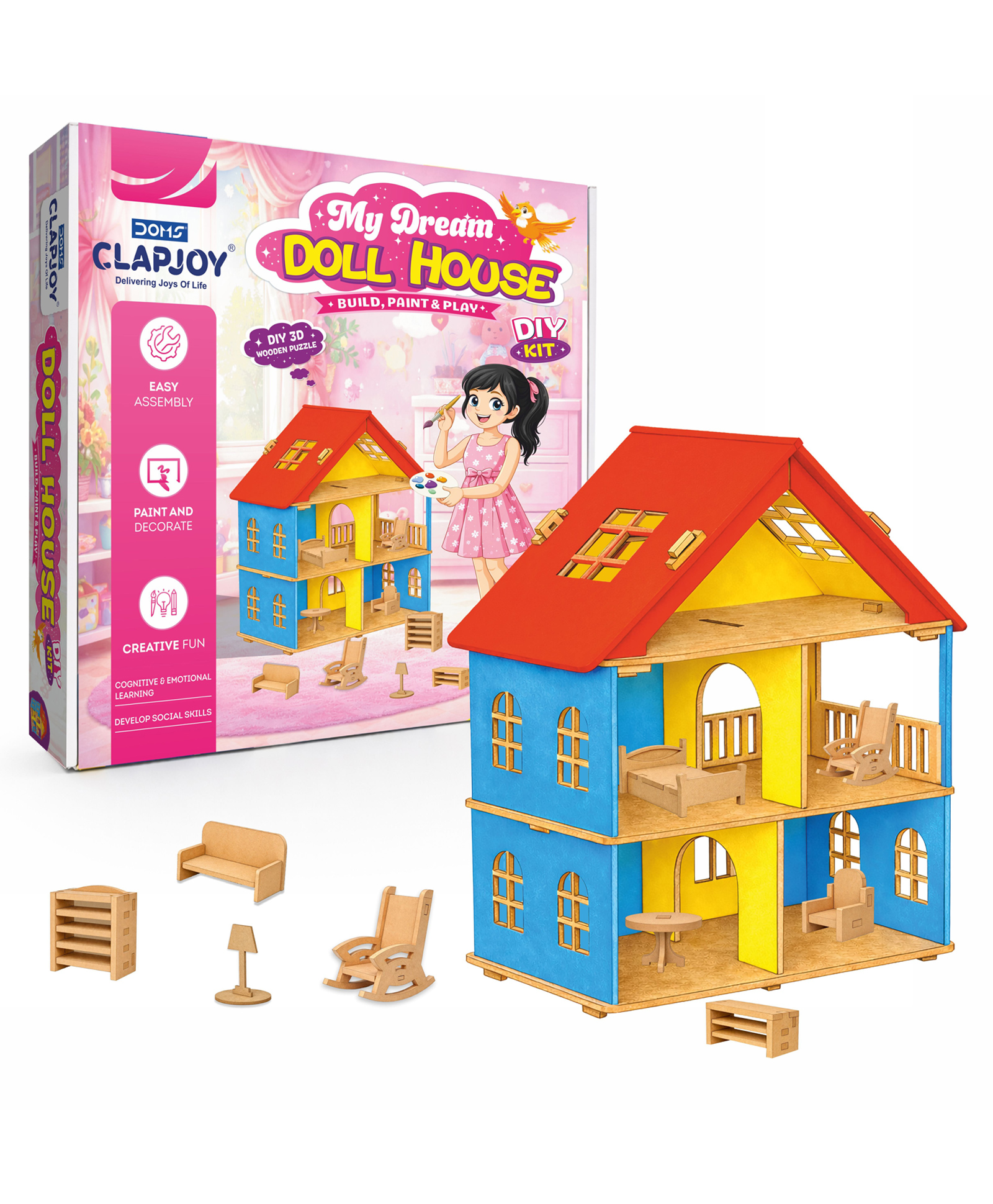 Clapjoy DIY Wooden Toy House with Furniture for Kids with free paint set-image-46