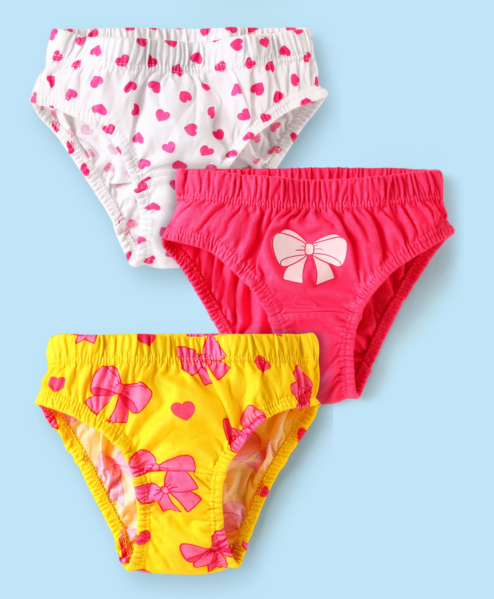 Babyhug 100% Cotton Single Jersey Knit Panties With Heart & Bow Print Pack Of 3 - Yellow Red & White
