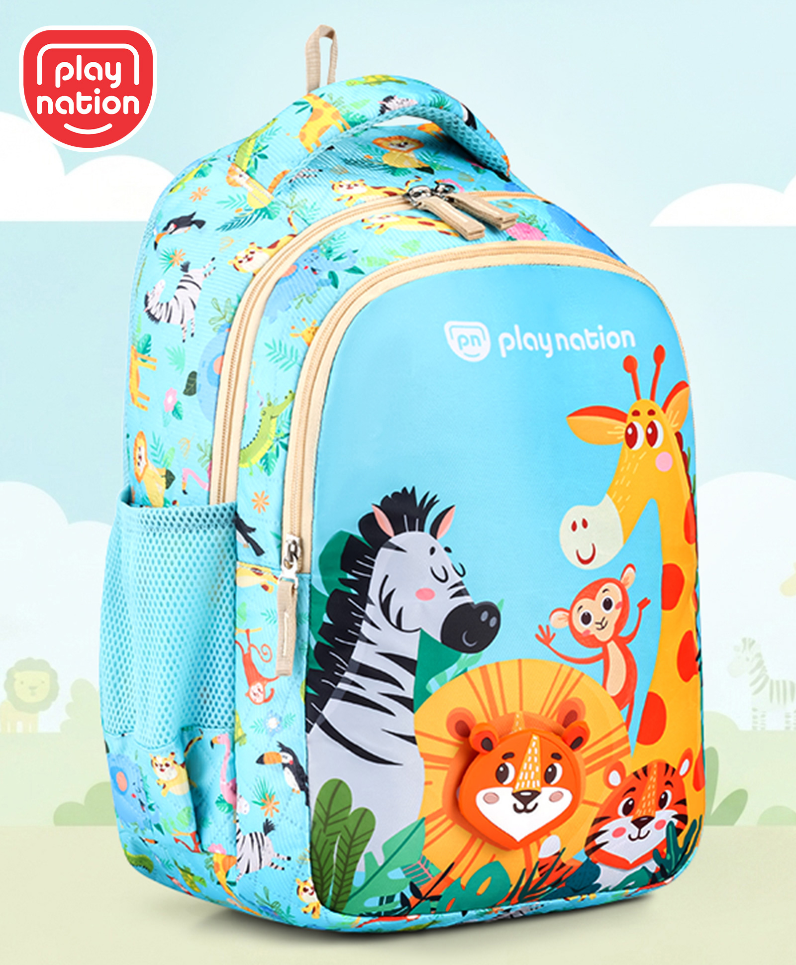 Play Nation School Backpack with Water Resistance & Jungle Theme Print Light Blue - Height 16 Inches-image-46
