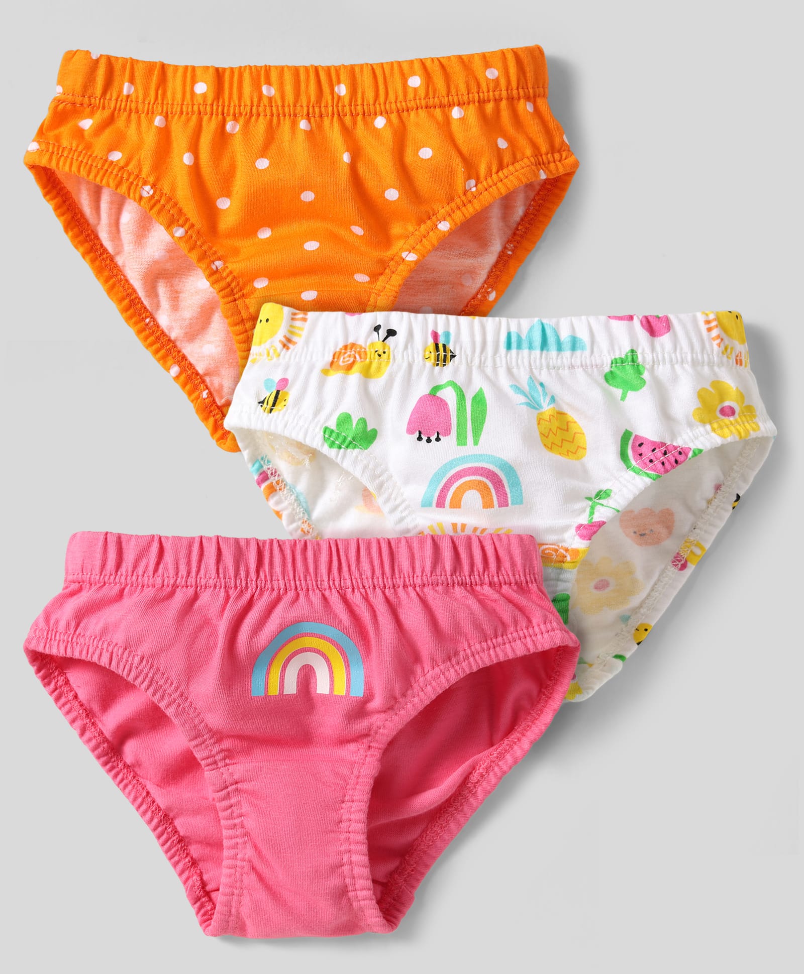 Babyhug 100% Cotton Panties With Polka Dots & Rainbow Print Pack Of 3 - Orange White & Dark Pink-image-39