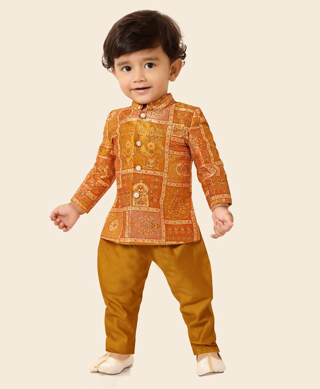 ETHNIKS NEURON Chanderi Silk Full Sleeves Floral Printed Sequins Embellished Kurta Pyjama Set - Mustard-image-47