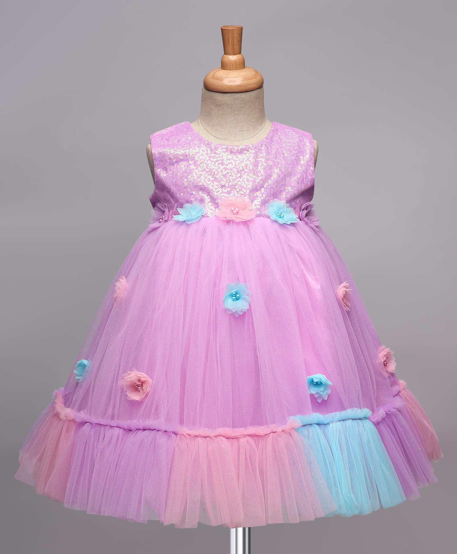 Bluebell Net Woven Sleeveless Party Frock With Floral Applique & Sequinned Yoke - Purple-image-14