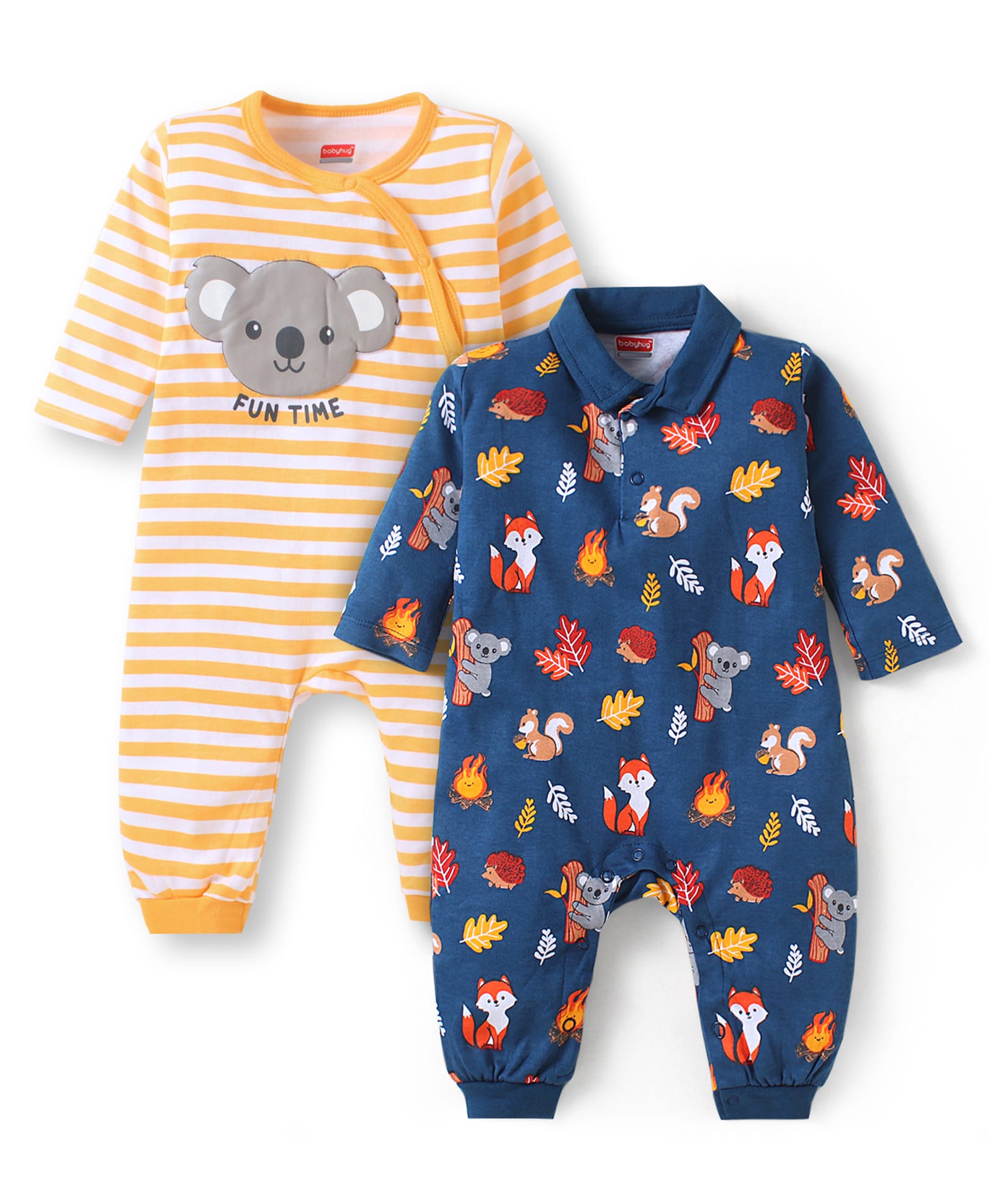 Babyhug 100% Cotton Knit Rompers with Stripes & Animal Print Pack of 2 - Yellow & Navy Blue-image-2