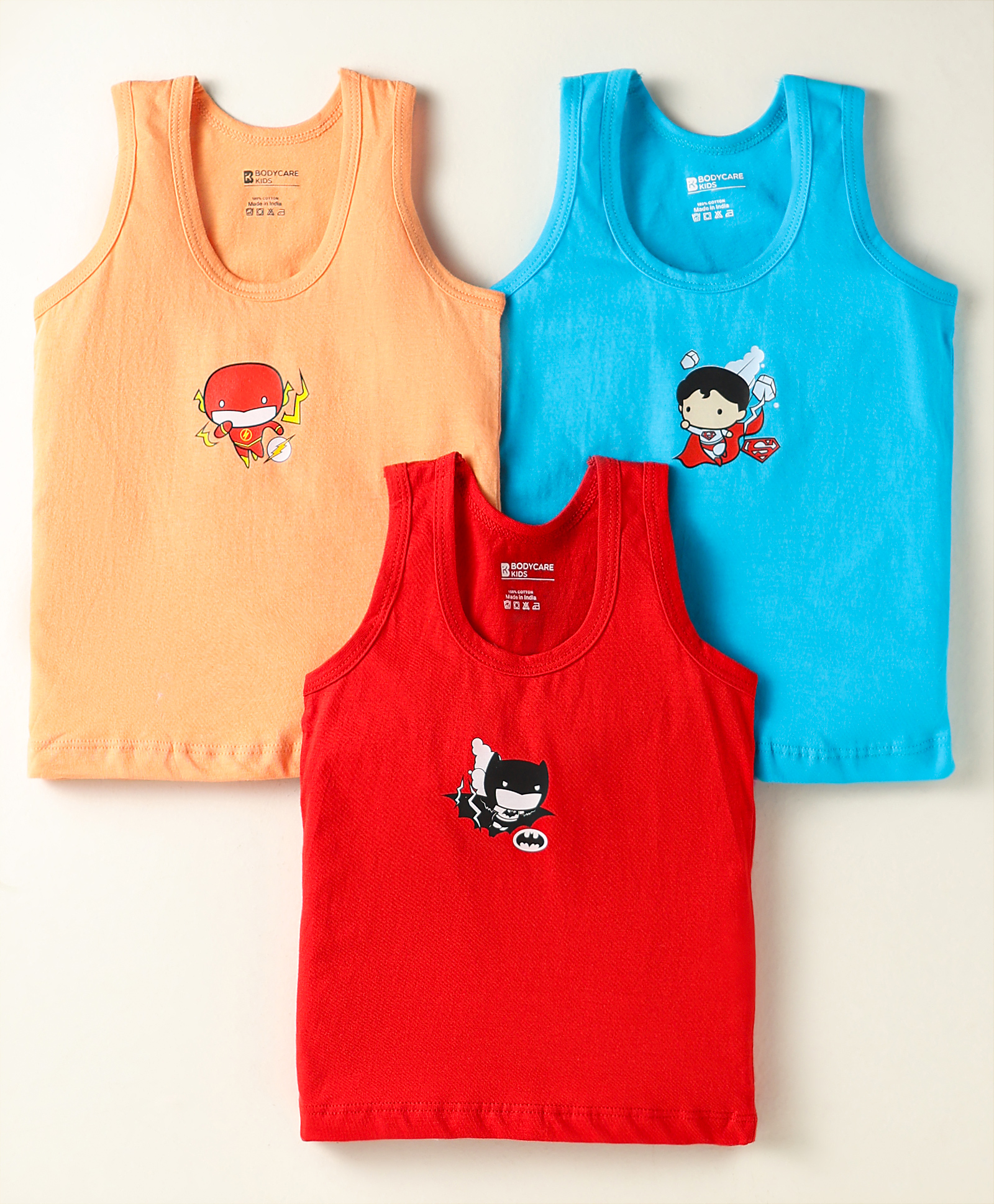 Bodycare Cotton Knit Sleeveless Vests With Character Print Pack Of 3 - Red Blue & Peach-image-22