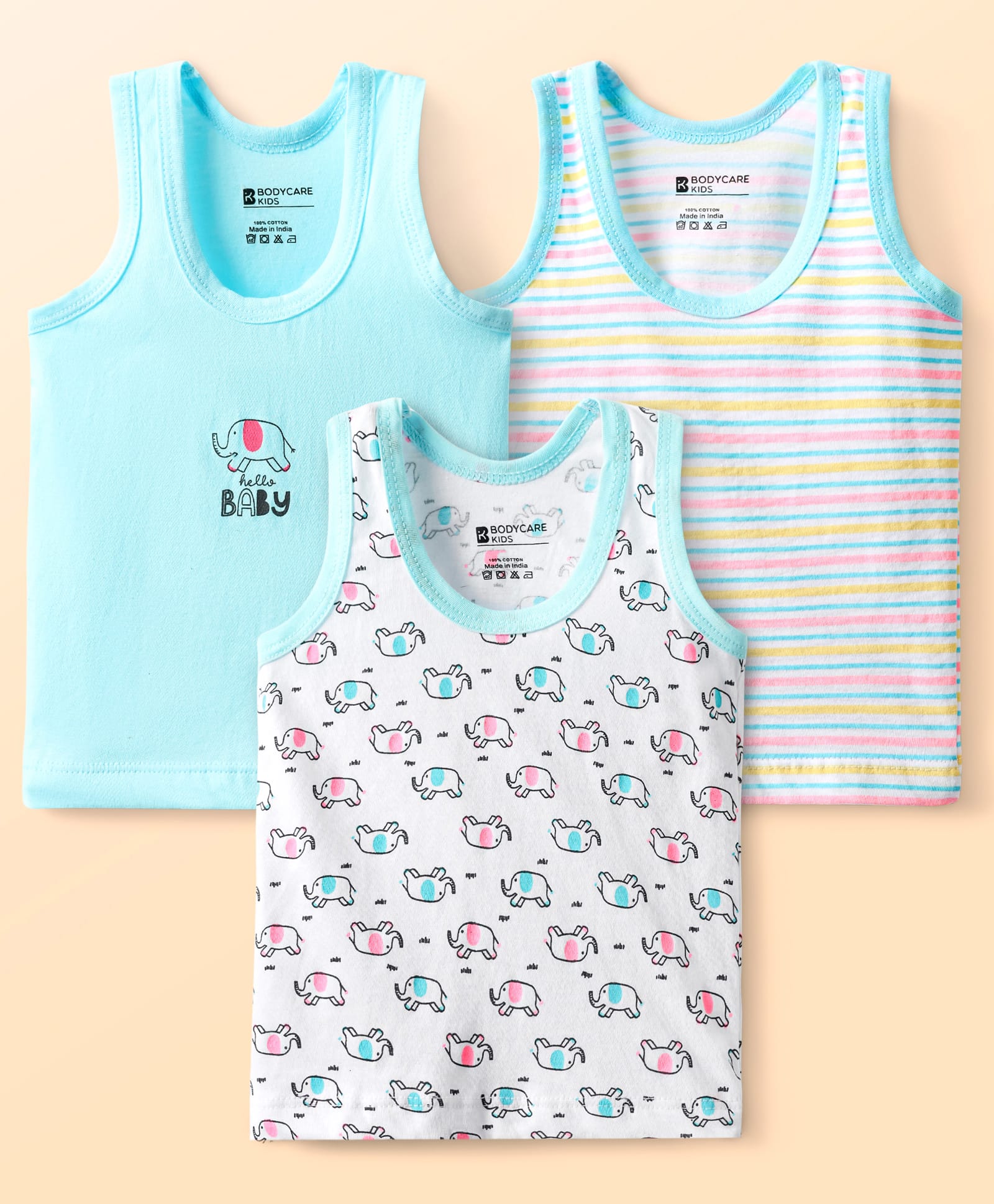 Bodycare Cotton Knit Sleeveless Vests With Stripes & Animal Print Pack Of 3 - Light Blue & White-picture-44