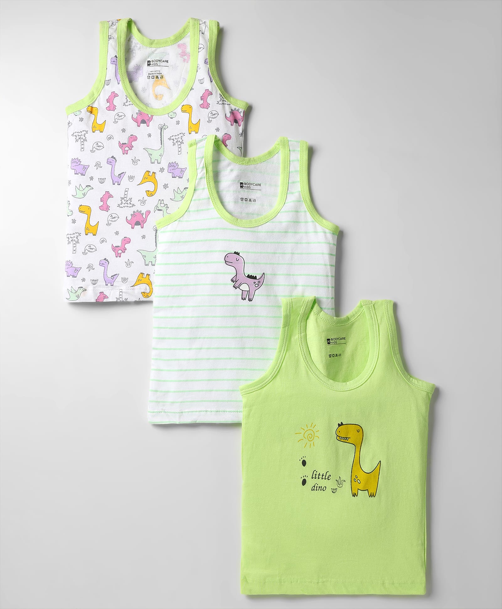 Bodycare Cotton Knit Sleeveless Vests With Stripes & Animal Print Pack Of 3 - Light Green & White-image-32
