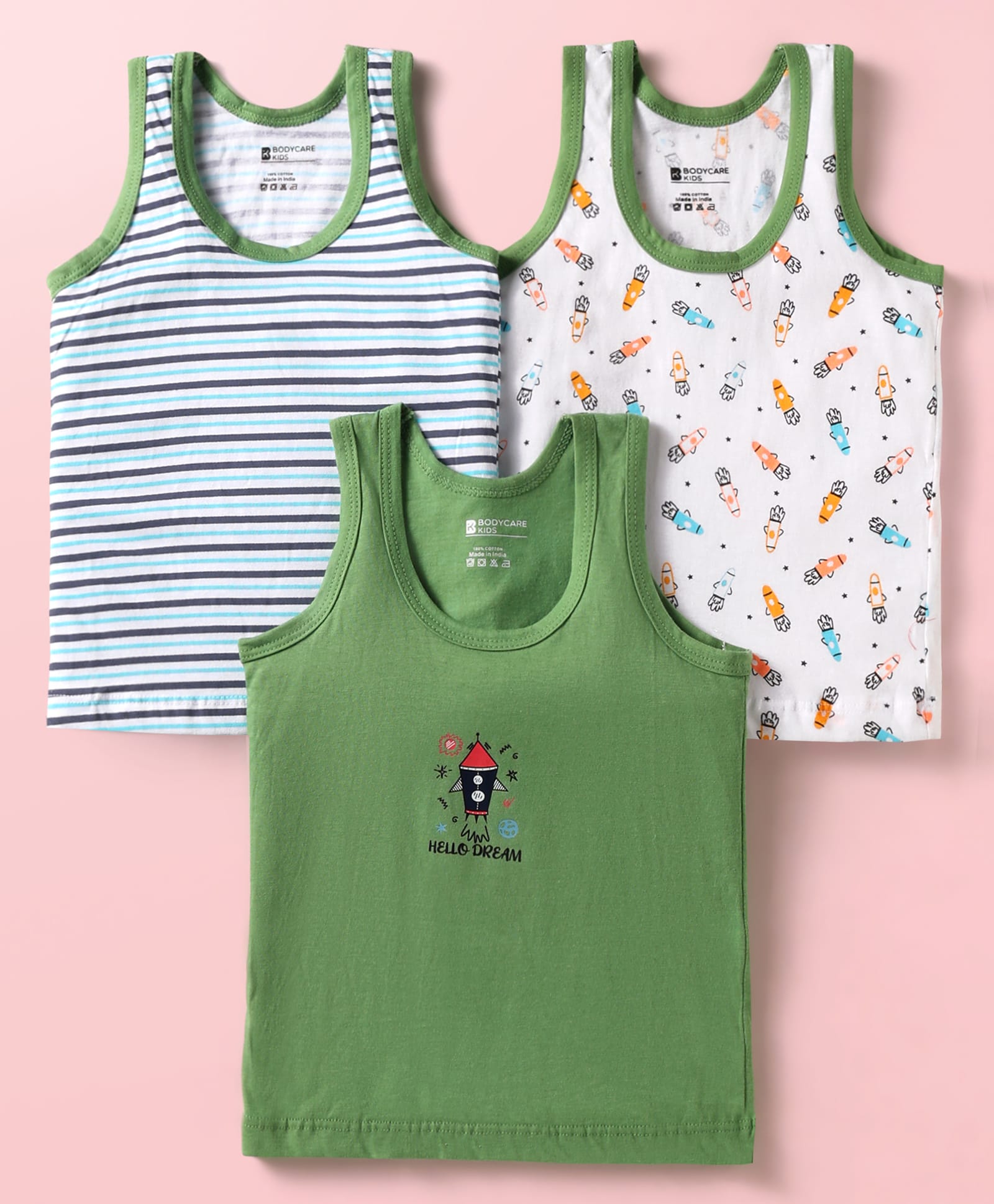 Bodycare Cotton Knit Sleeveless Vests with Stripes & Rocket Print Pack of 3 - Olive Green & White-image-19