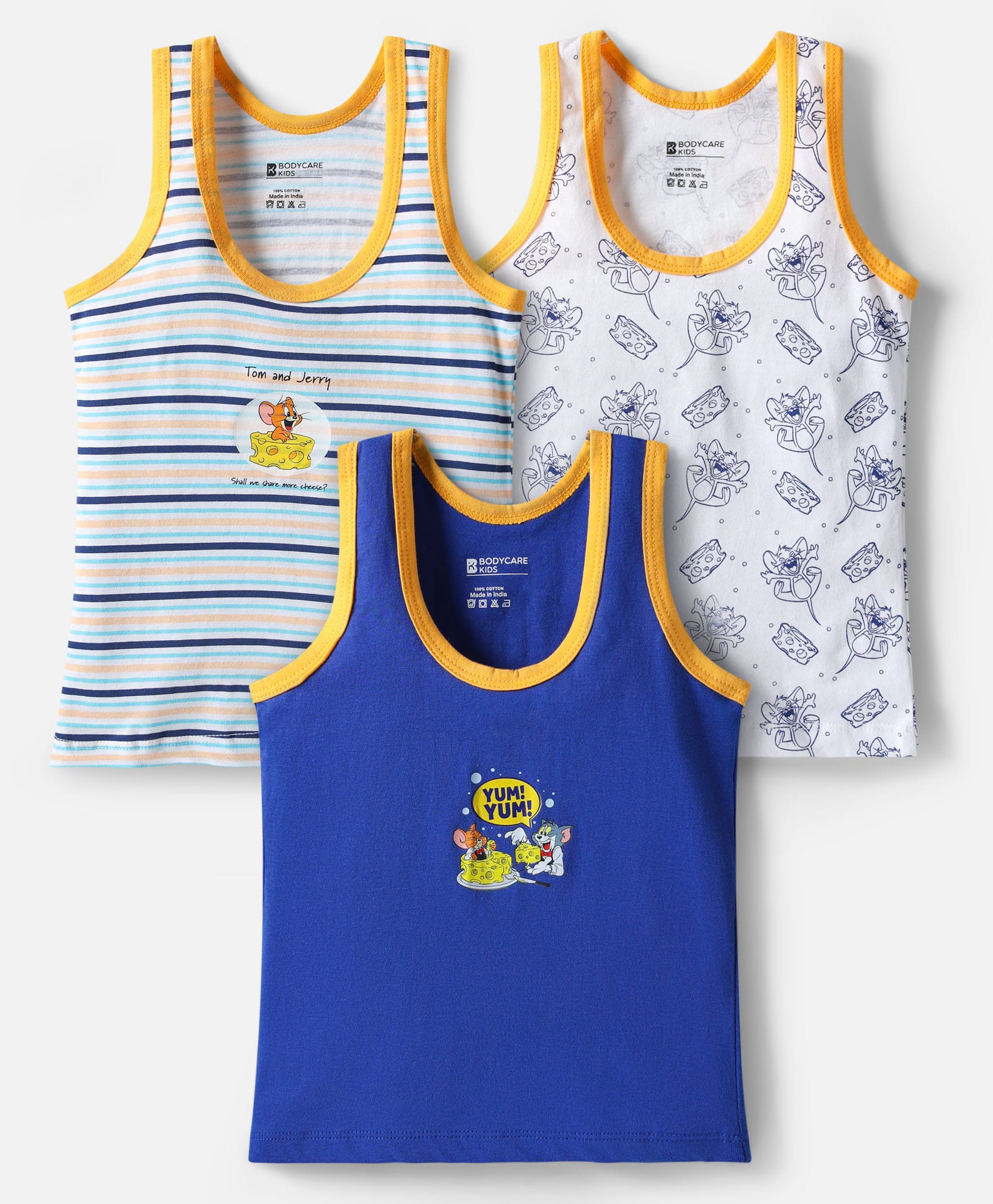 Bodycare Cotton Knit Sleeveless Vests With Stripes & Tom & Jerry Print Pack Of 3 - Navy Blue White & Light Blue-image-46