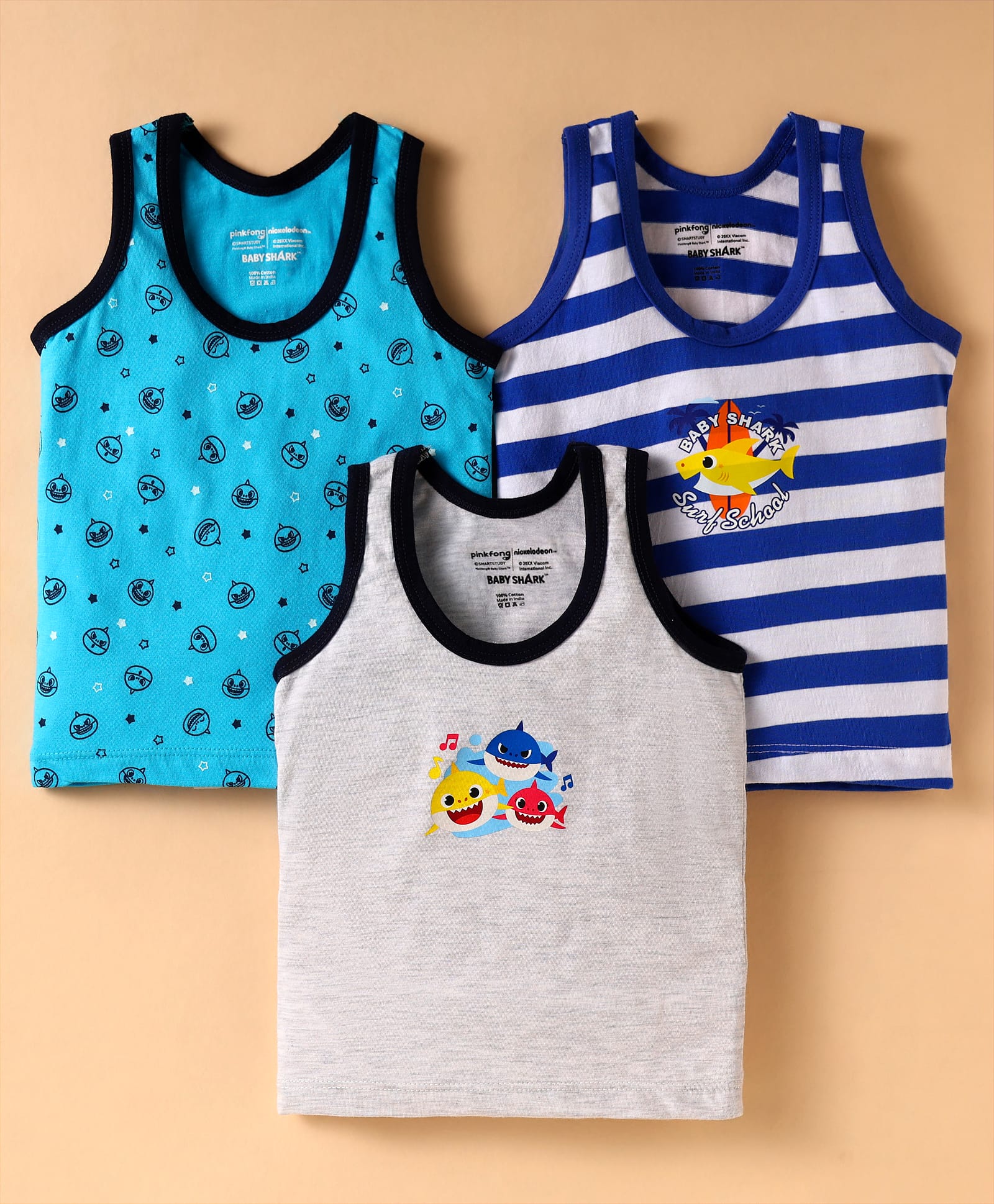 Bodycare Cotton Knit Sleeveless Shark Printed & Striped Vests Pack Of 3 - Light Blue Grey & Navy Blue-image-33