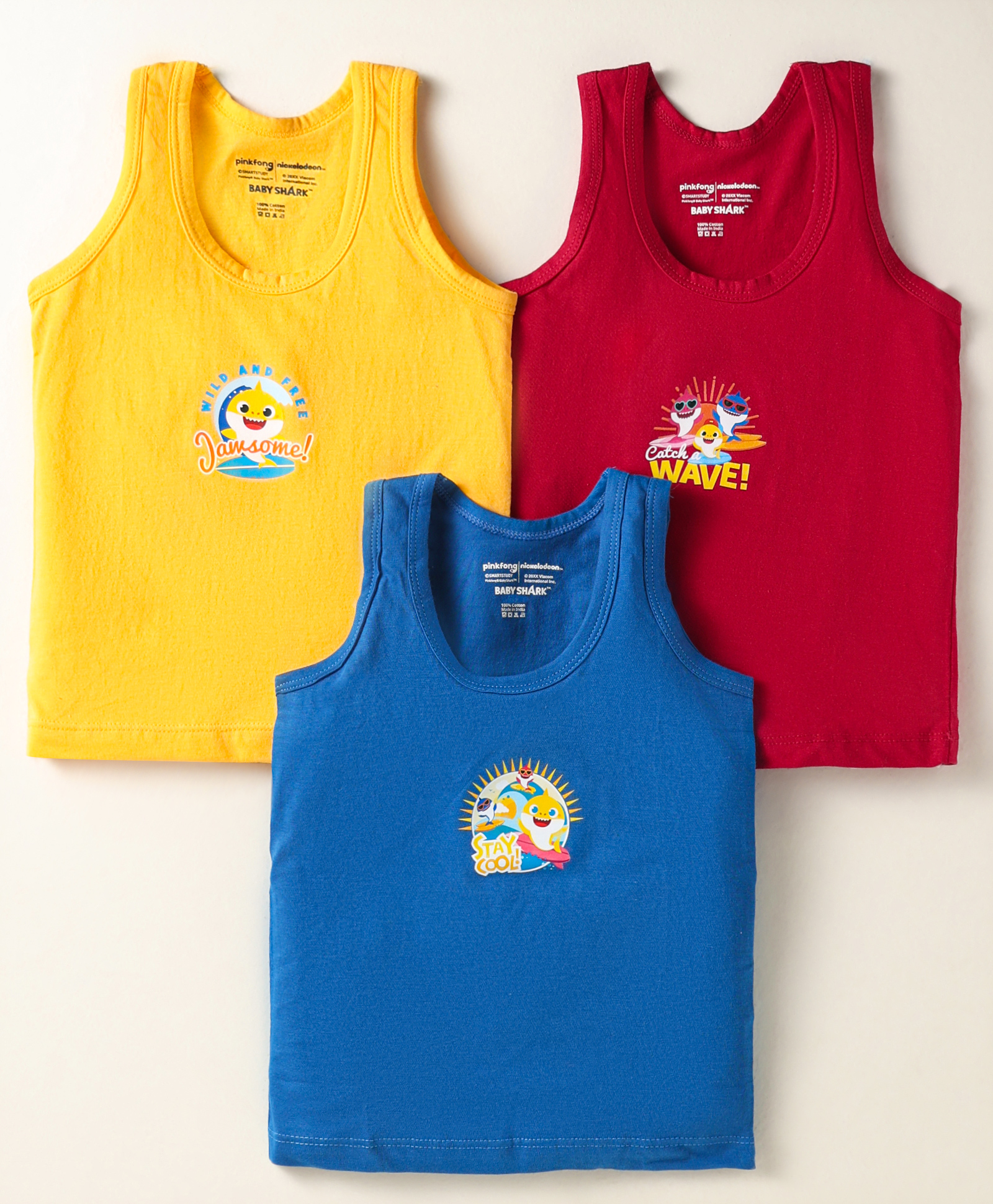 Bodycare Cotton Knit Sleeveless Vests With Text Print Pack Of 3 - Yellow Blue & Red-image-30