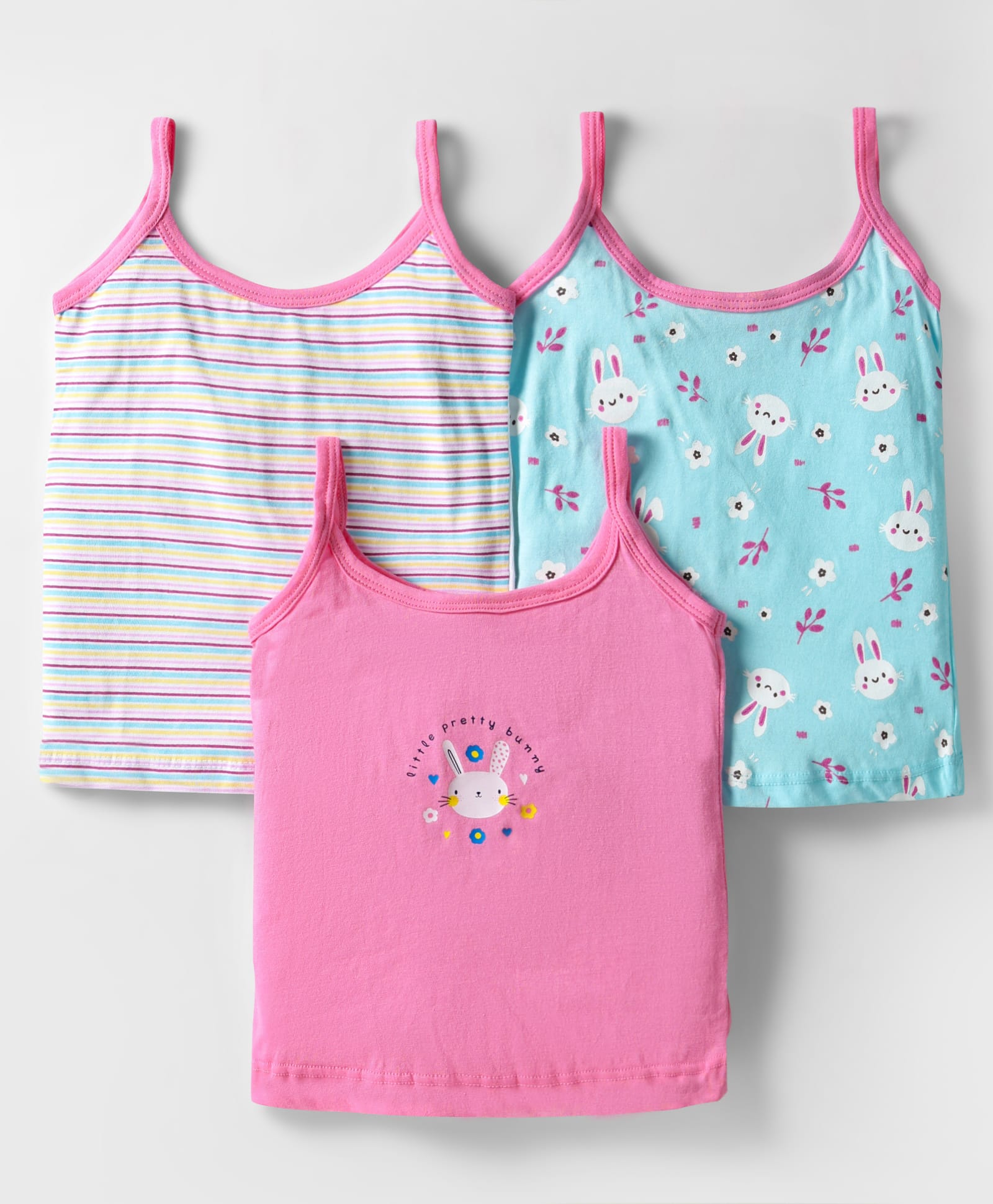 Bodycare Cotton Knit Sleeveless Slips With Stripes & Bunny Print Pack Of 3 - Pink & Light Blue