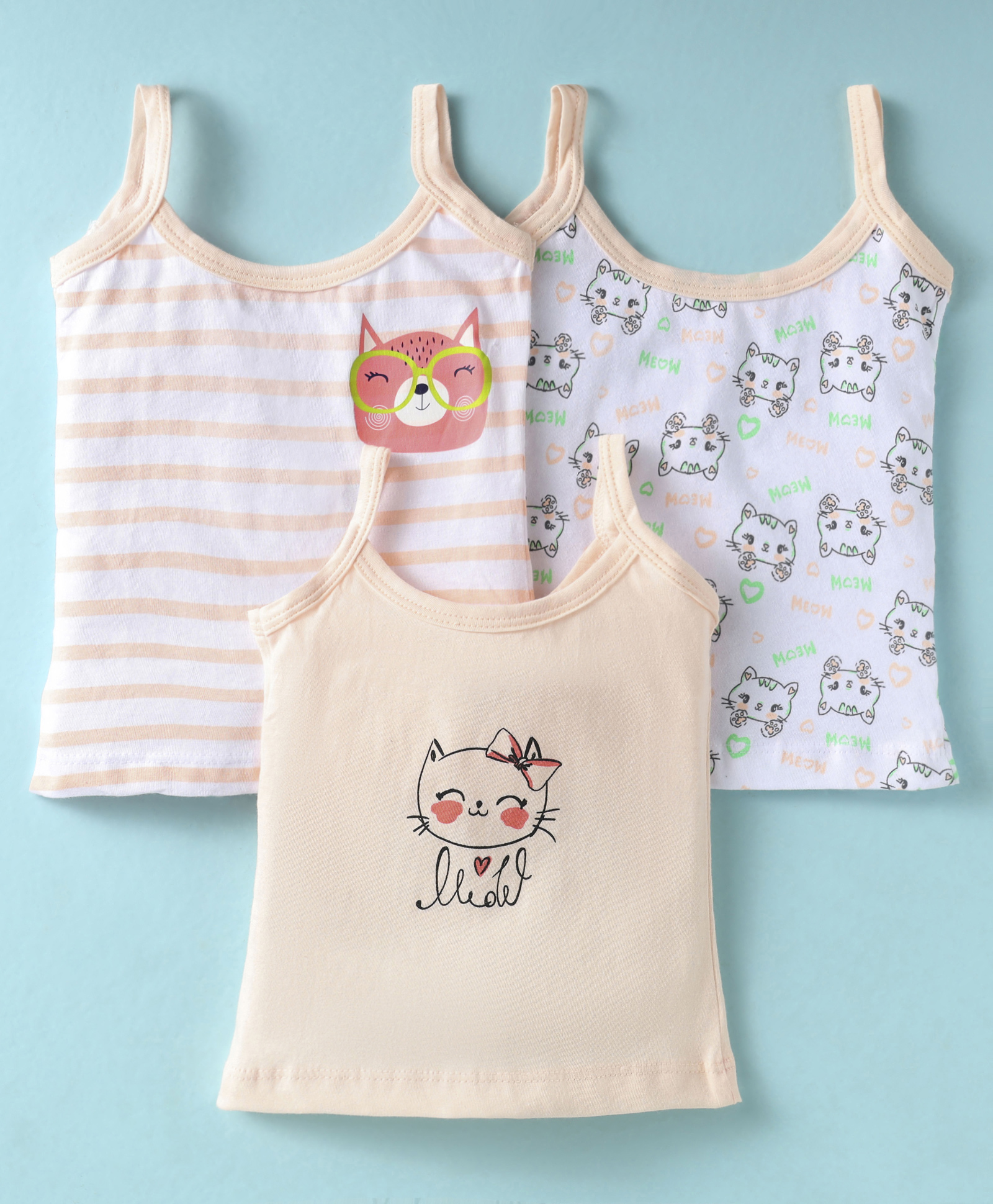 Bodycare Cotton Knit Sleeveless Slips With Stripes & Bunny Print Pack Of 3 - White & Cream-picture-1