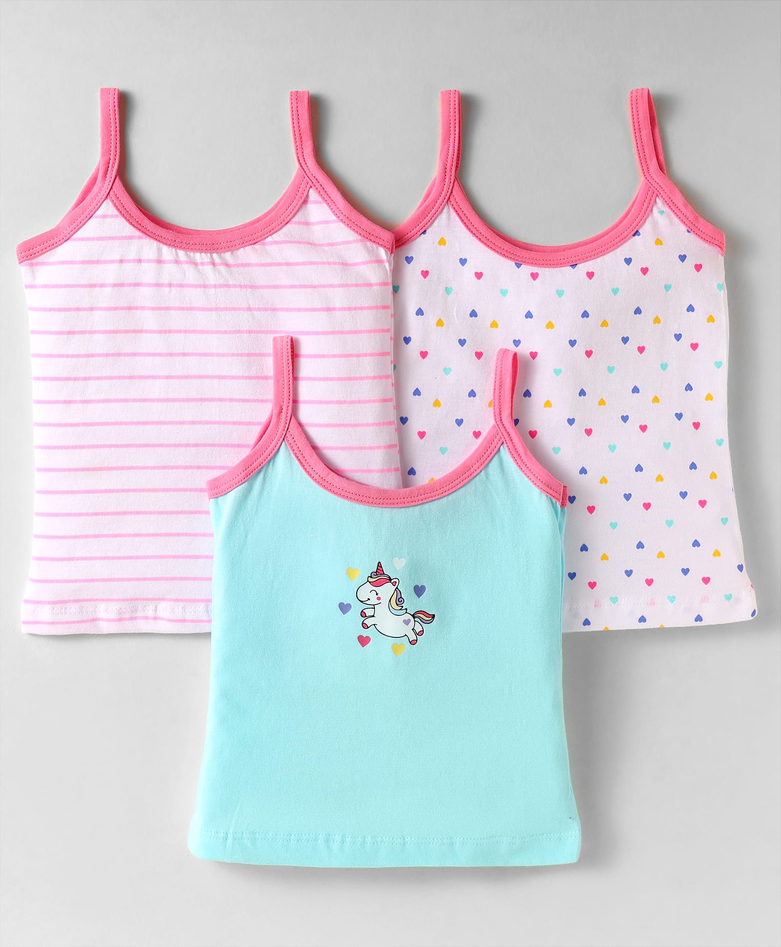 Bodycare Cotton Knit Singlet Unicorn Heart Printed & Striped Slips Pack Of 3 - Light Blue Pink & White