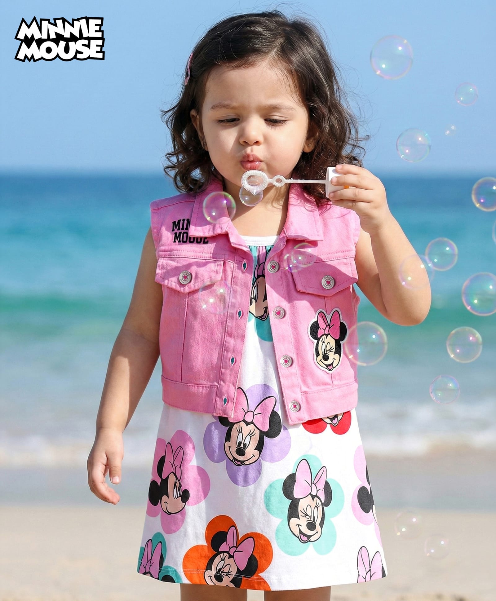 Babyhug Disney Single Jersey Knit Sleeveless Frock With Denim jacket And Minnie Mouse Graphic - Multi Colour-picture-33