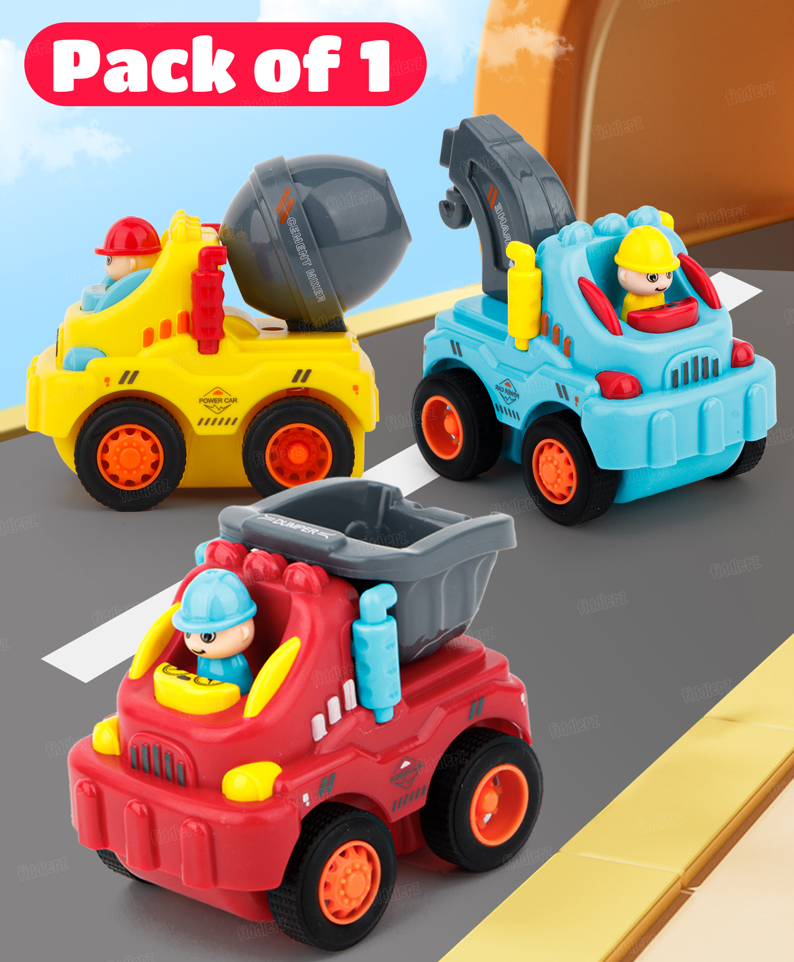 Fiddlerz Friction-Powered Cars for Kids Crane Dumper Mixer Trucks with Movable Parts Safe Durable Design Round Edges Lightweight Perfect for Role-Playing and Motor Skills Development Easy to Carry Gift for Boys and Girls(Pack of 1)-image-3