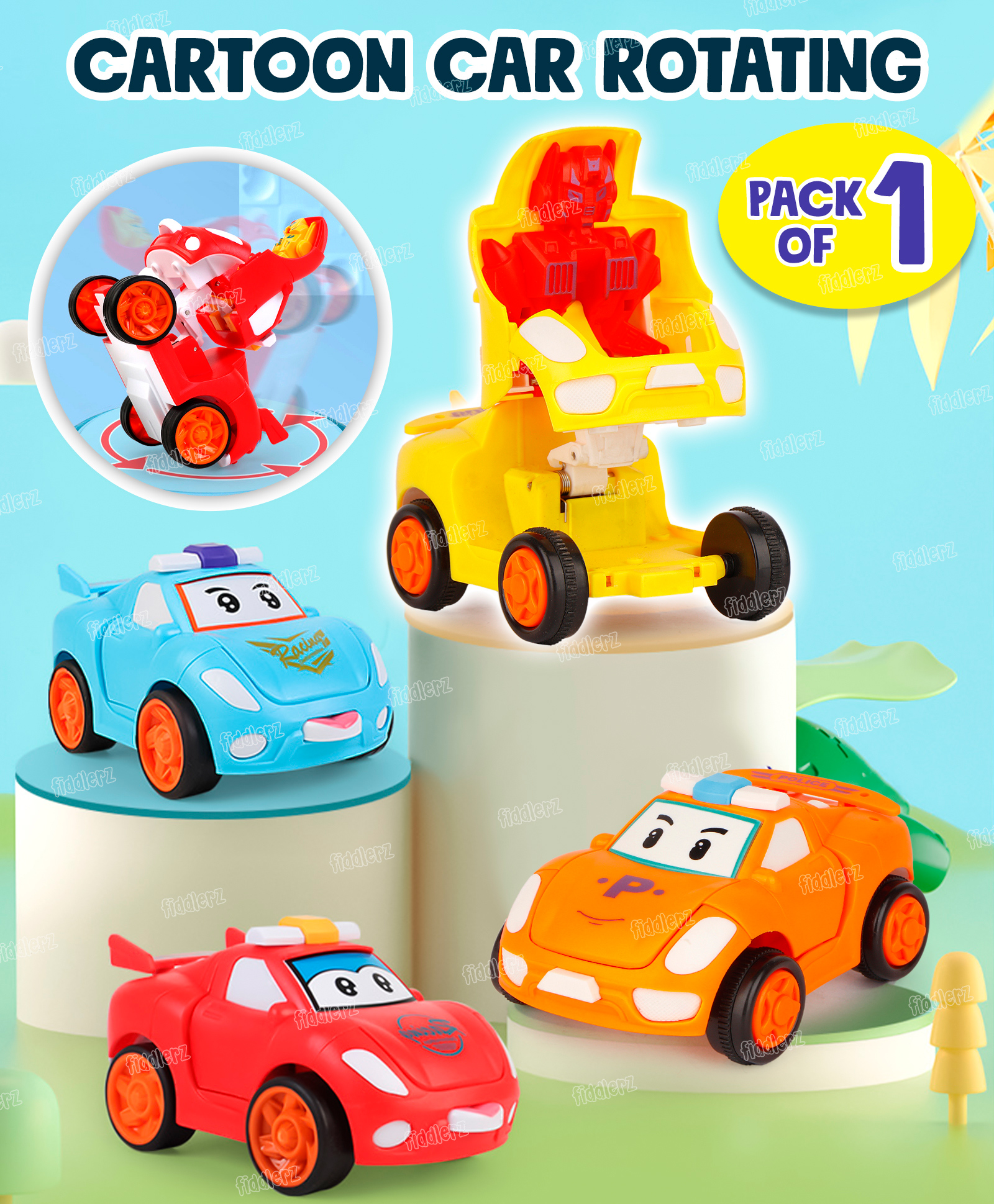 Fiddlerz Transforming Pull Back Robot Cars for Kids with Flip Open Action Mini Cartoon Vehicles Durable Toy Cars Educational Playset Interactive Gift for Boys and Girls- Assorted (Pack of 1)-image-1