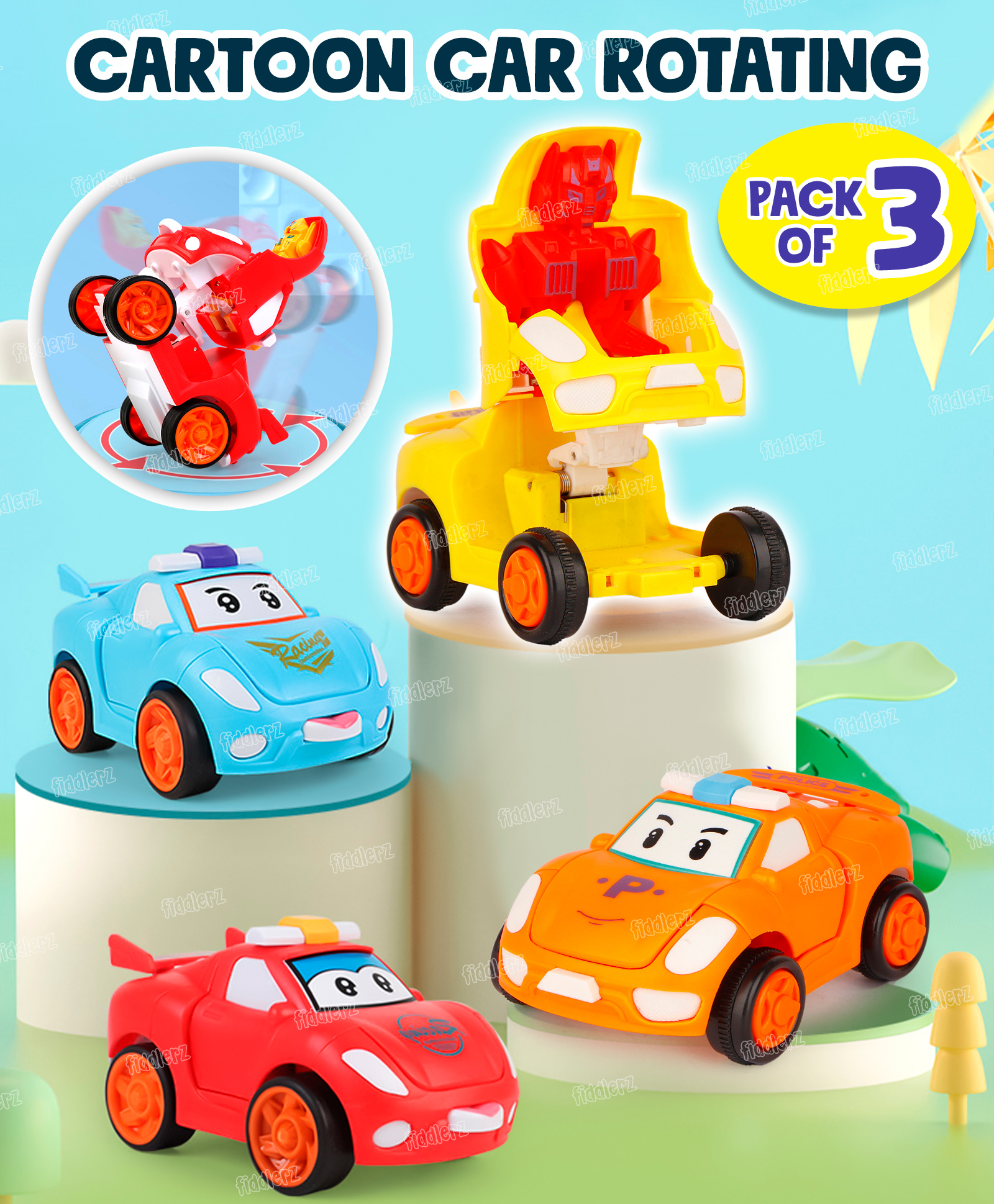 Fiddlerz Transforming Pull Back Robot Cars for Kids with Flip Open Action Mini Cartoon Vehicles Durable Toy Cars Educational Playset Interactive Gift for Boys and Girls- Assorted (Pack of 3)-image-2