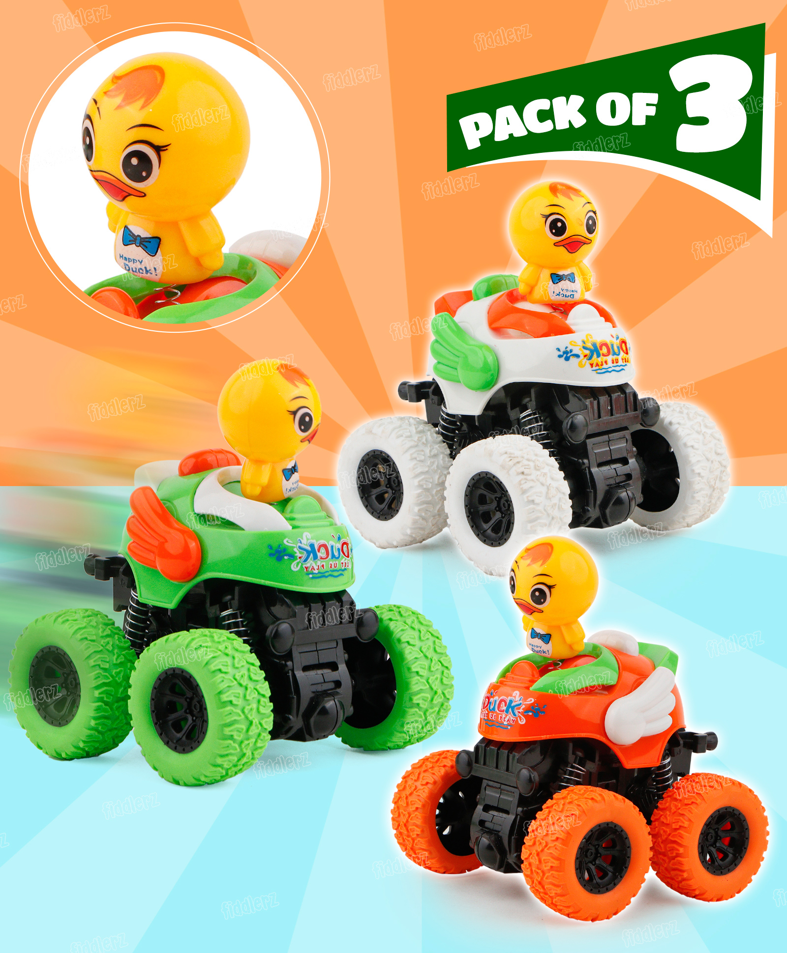 Fiddlerz Friction Cars for Kids Push and Go Toy Vehicles Duck Face Cartoon Cars for Toddlers Crawling Vehicle Toy for Boys and Girls (Pack of 3)-image-12