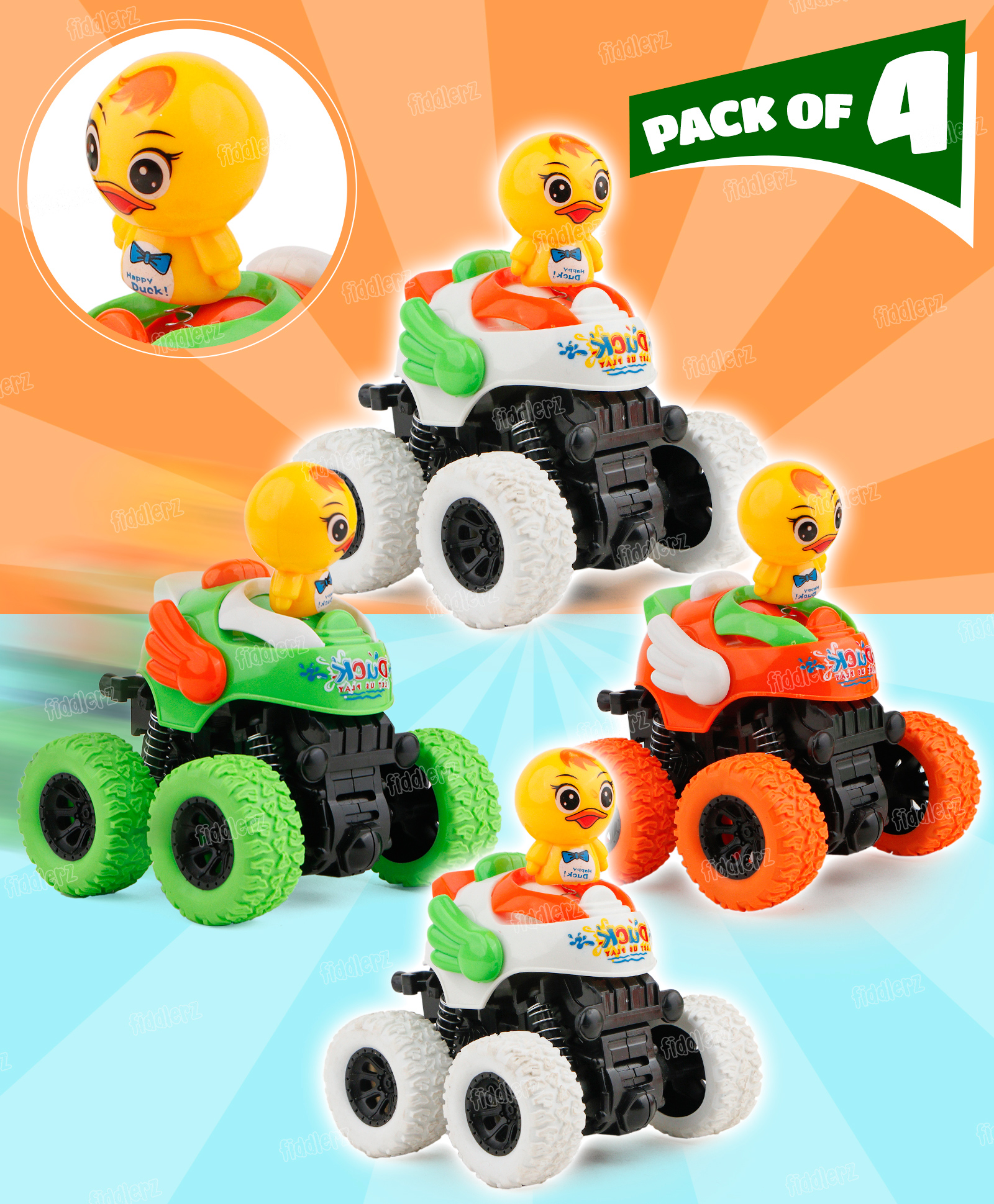 Fiddlerz Friction Cars for Kids Push and Go Toy Vehicles Duck Face Cartoon Cars for Toddlers Crawling Vehicle Toy for Boys and Girls (Pack of 4)-image-11