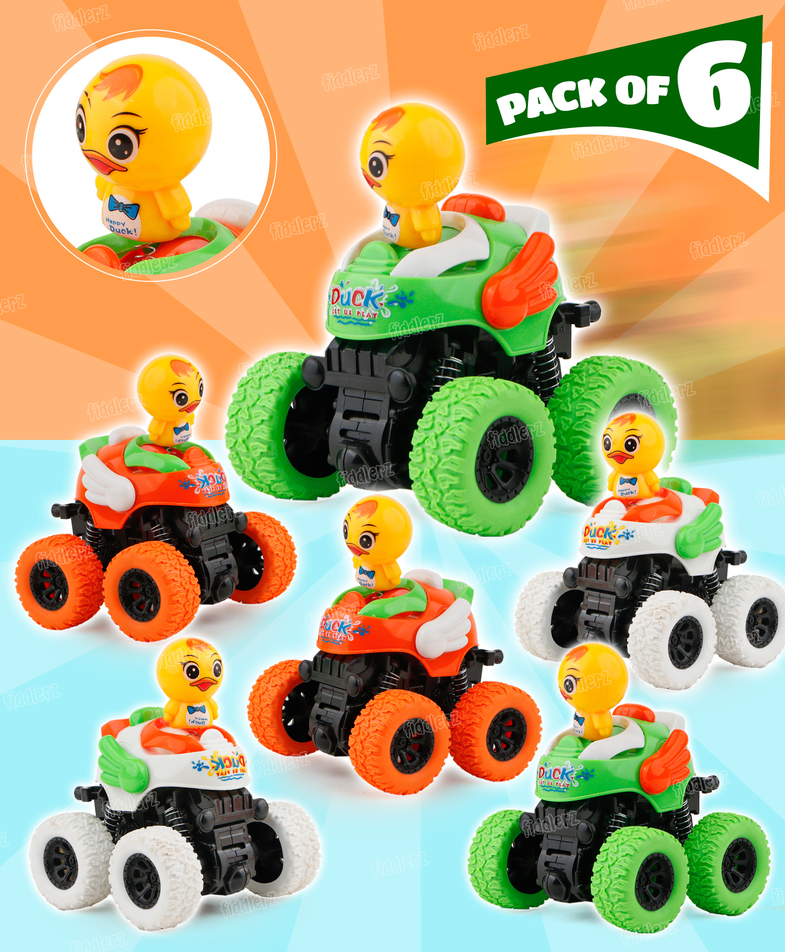 Fiddlerz Friction Cars for Kids Push and Go Toy Vehicles Duck Face Cartoon Cars for Toddlers Crawling Vehicle Toy for Boys and Girls (Pack of 6)-image-10
