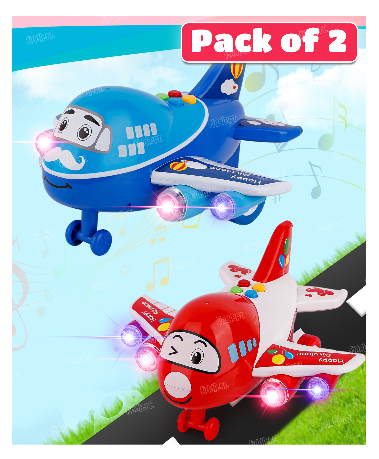 Fiddlerz Friction Powered Airplane Toy Aircraft Push and Go with Light and Sound Air Plane for KidsBoys Girls- Assorted (Pack of 2)-image-5