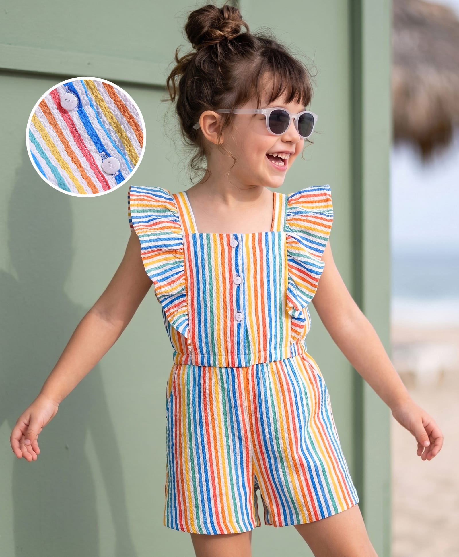 Babyhug Cotton Knit Frill Sleeves Striped Jumpsuit - Multicolor-picture-11